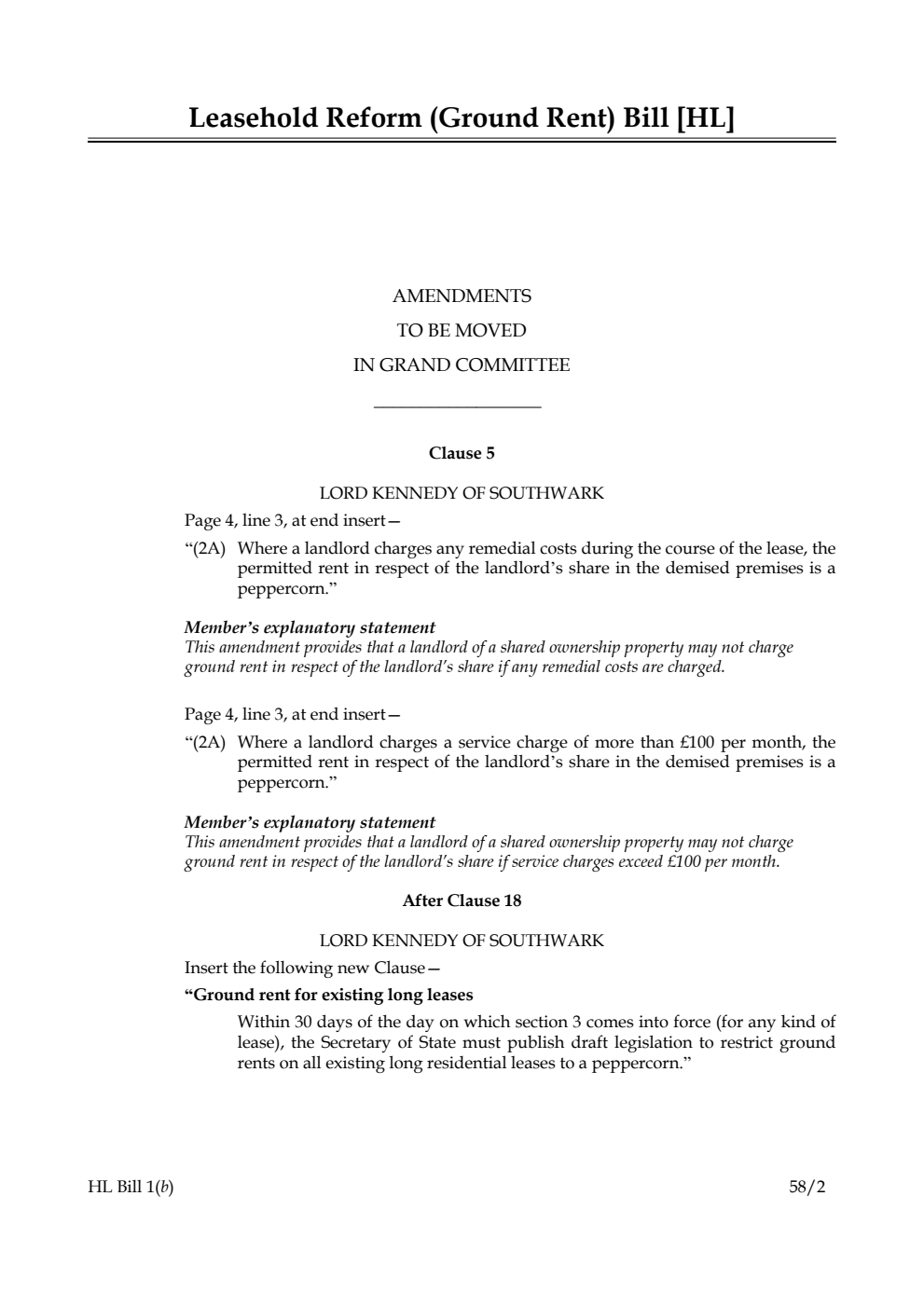 Leasehold Reform (Ground Rent) Bill Amendments to be moved in Grand Committee