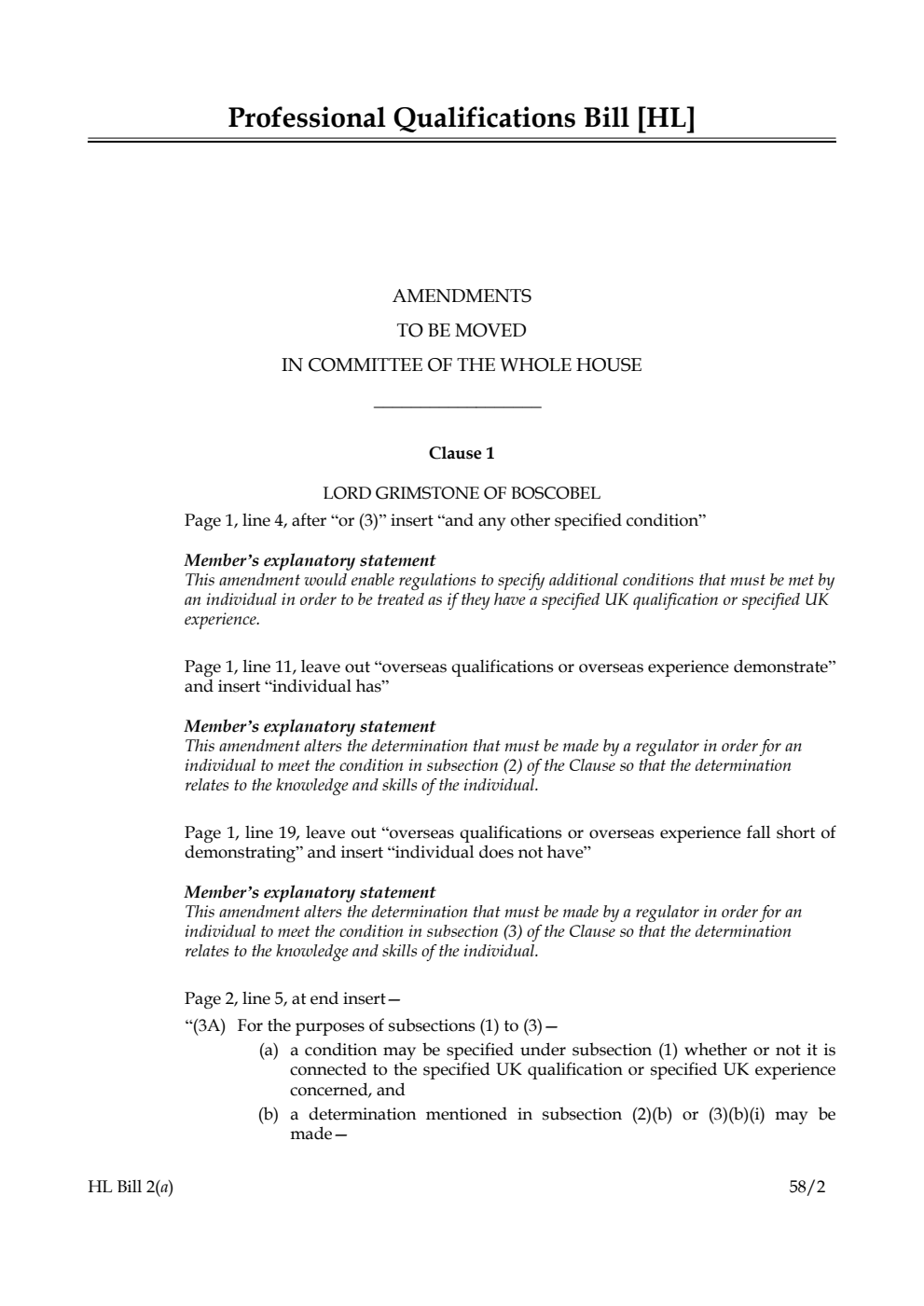Professional Qualifications Bill Amendments to be moved in Committee of the Whole House