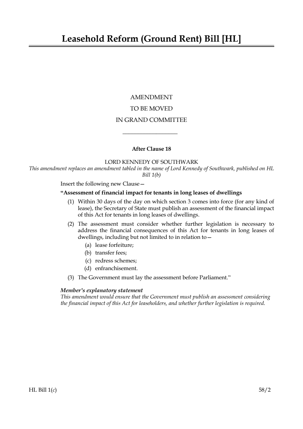 Leasehold Reform (Ground Rent) Bill Amendment to be moved in Grand Committee