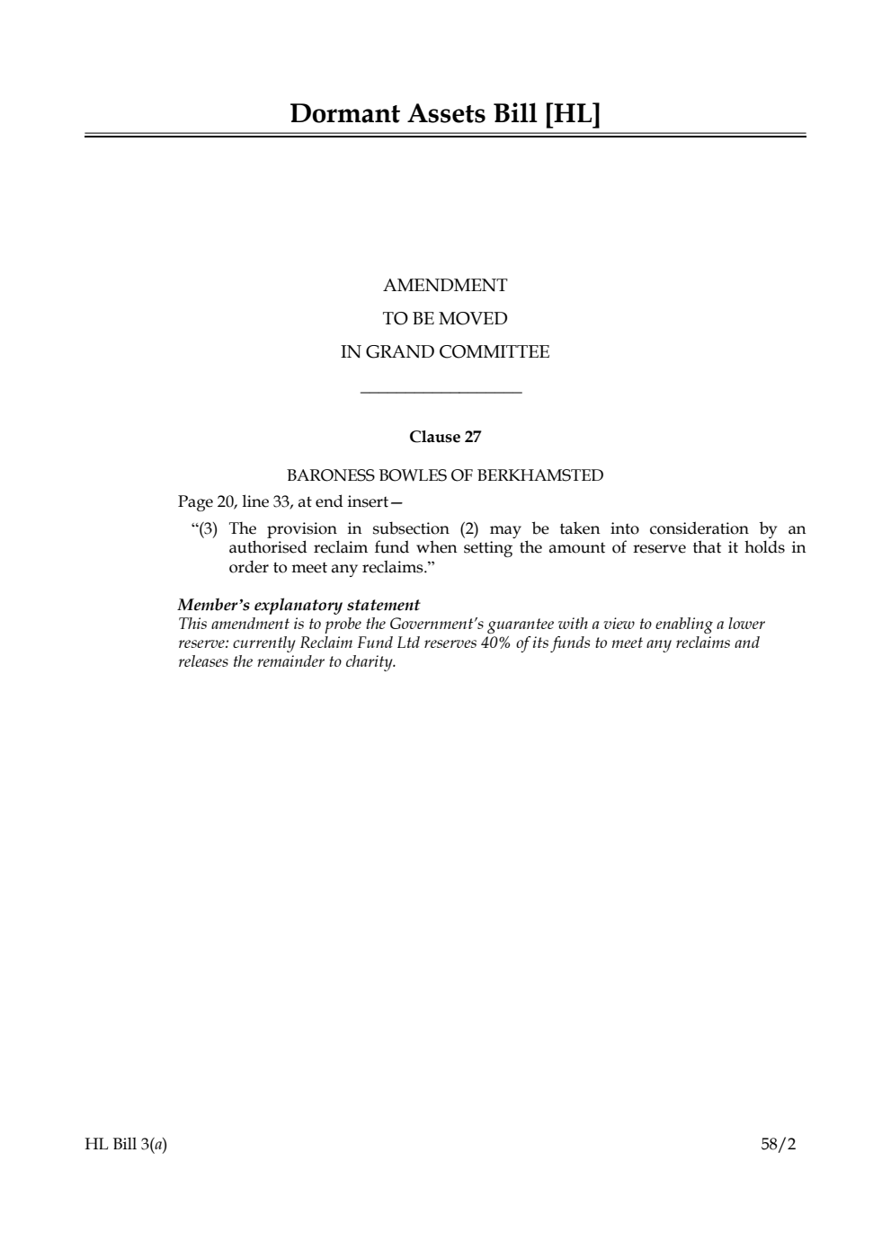 Dormant Assets Bill Amendment to be moved in Grand Committee