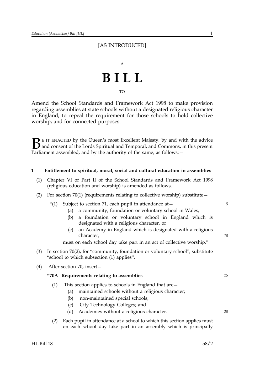 Education (Assemblies) Bill