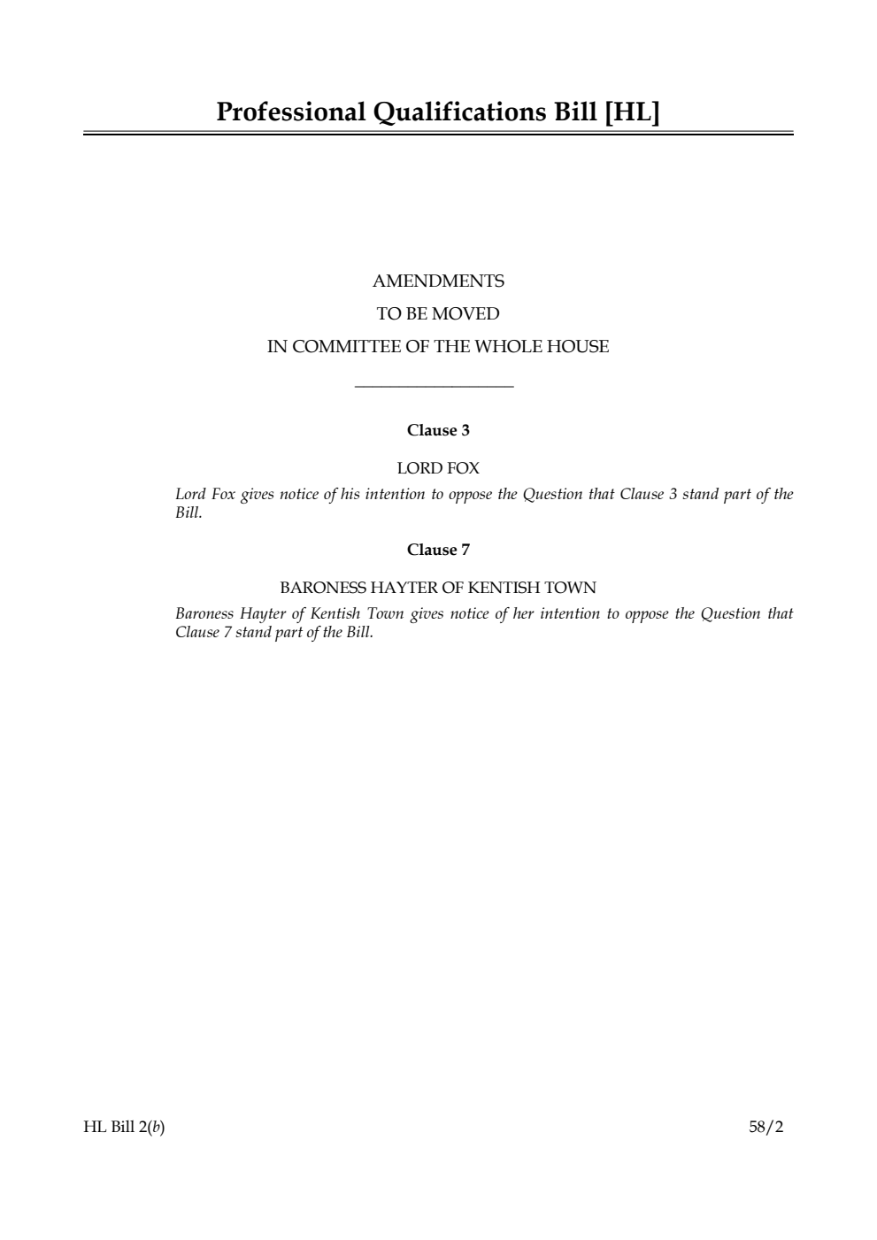 Professional Qualifications Bill Amendments to be moved in Committee of the Whole House