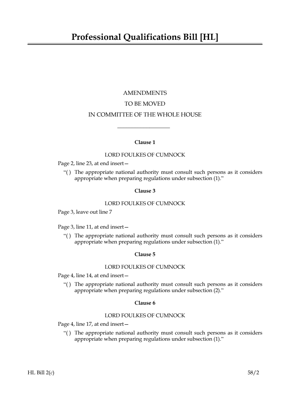Professional Qualifications Bill Amendments to be moved in Committee of the Whole House