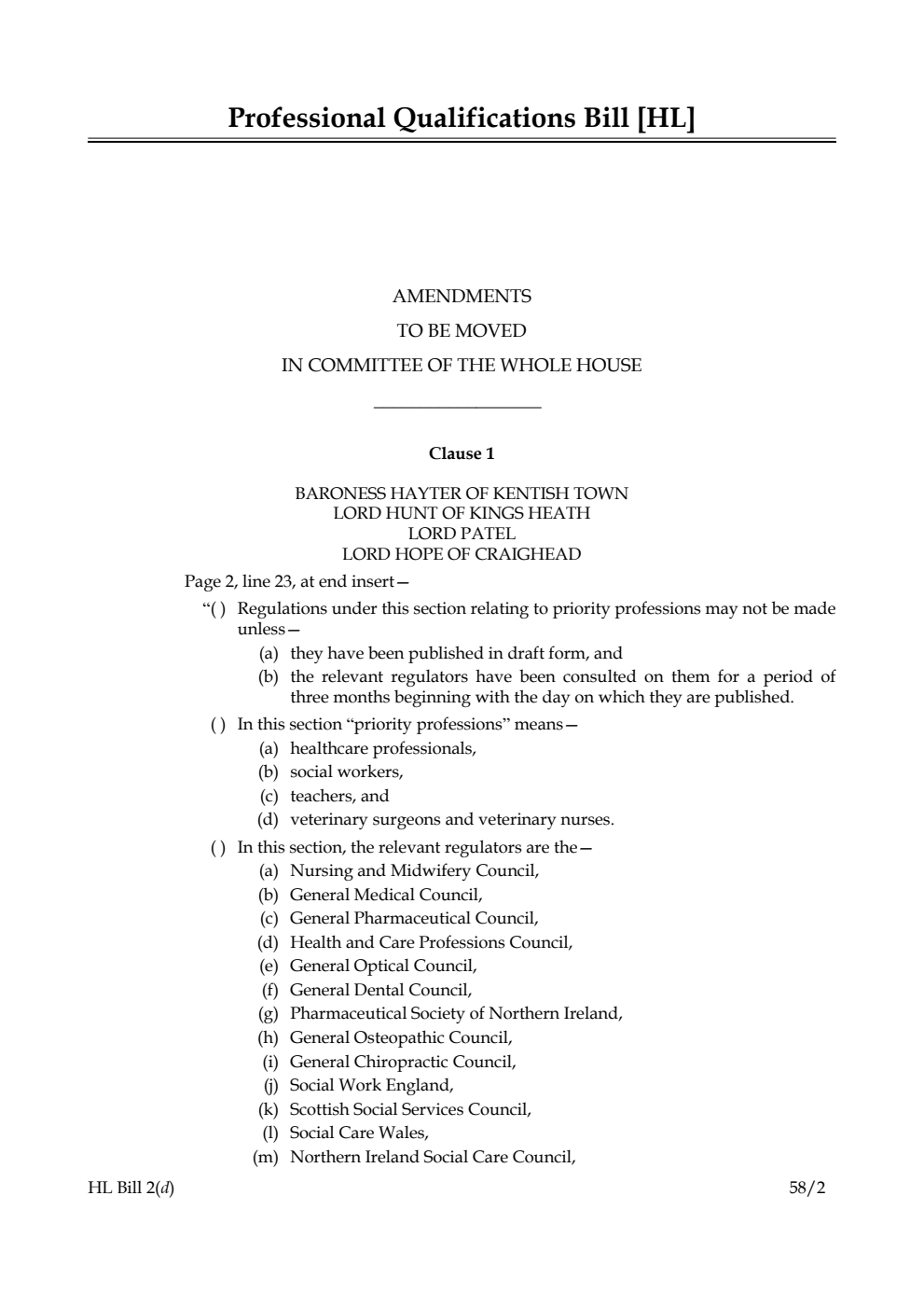 Professional Qualifications Bill Amendments to be moved in Committee of the Whole House