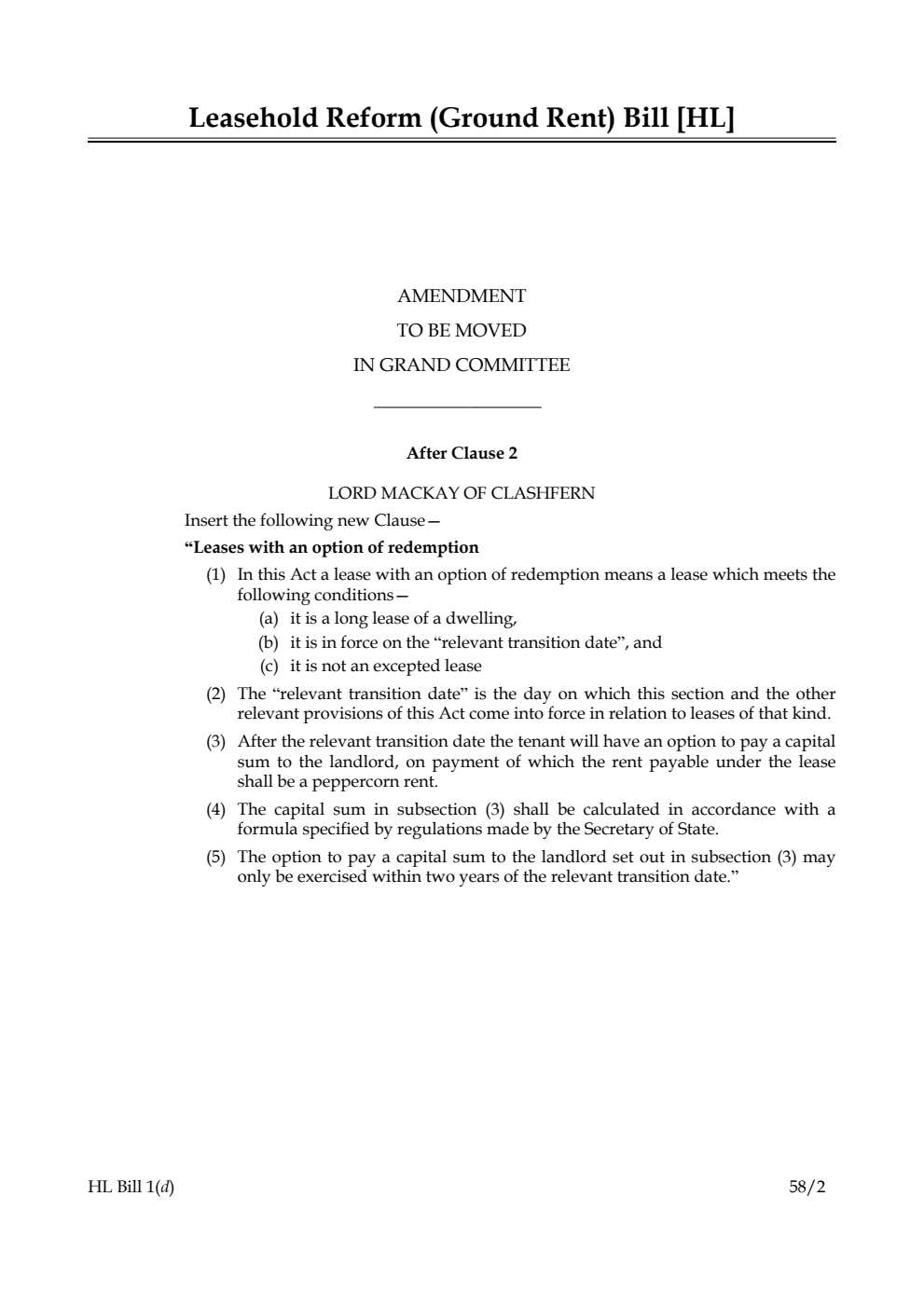 Leasehold Reform (Ground Rent) Bill Amendment to be moved in Grand Committee