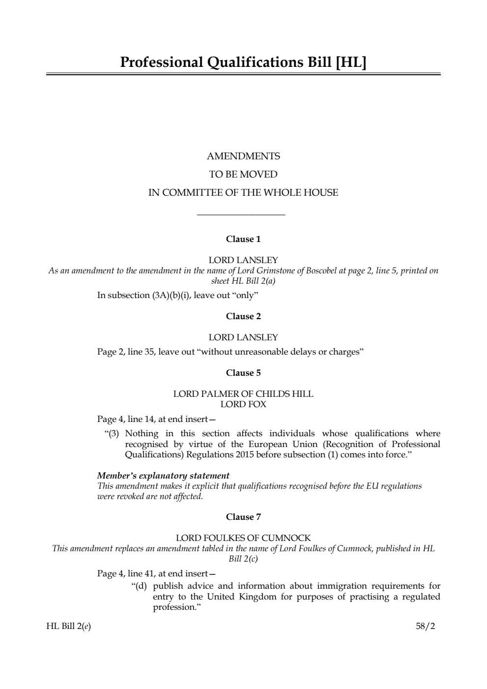 Professional Qualifications Bill Amendments to be moved in Committee of the Whole House