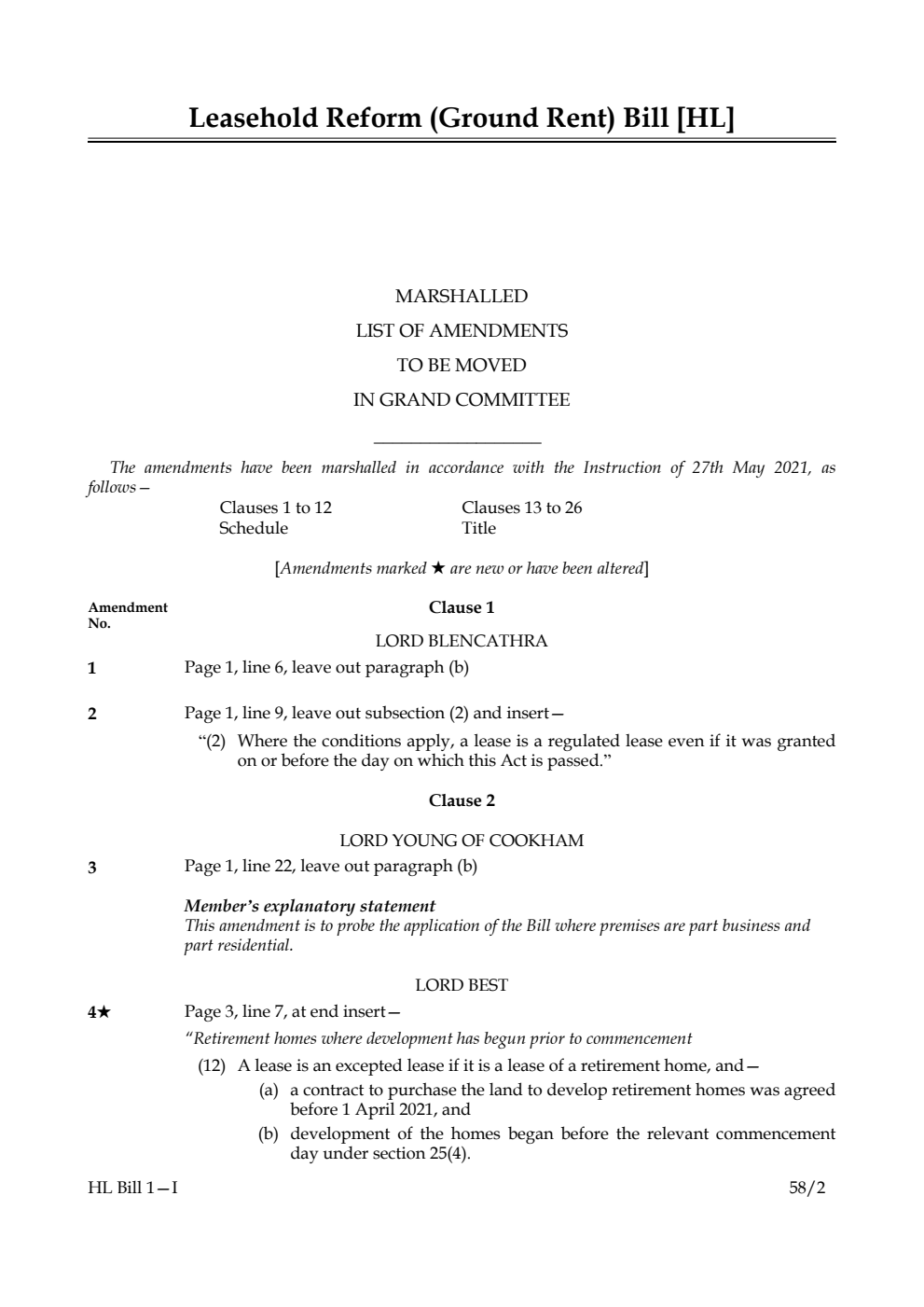 Leasehold Reform (Ground Rent) Bill Marshalled List of Amendments to be moved in Grand Committee