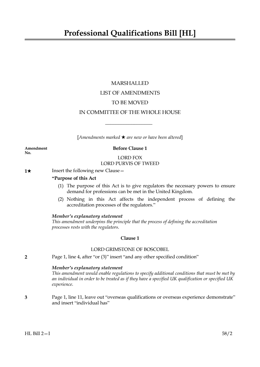 Professional Qualifications Bill Marshalled List of Amendments to be moved in Committee of the Whole House