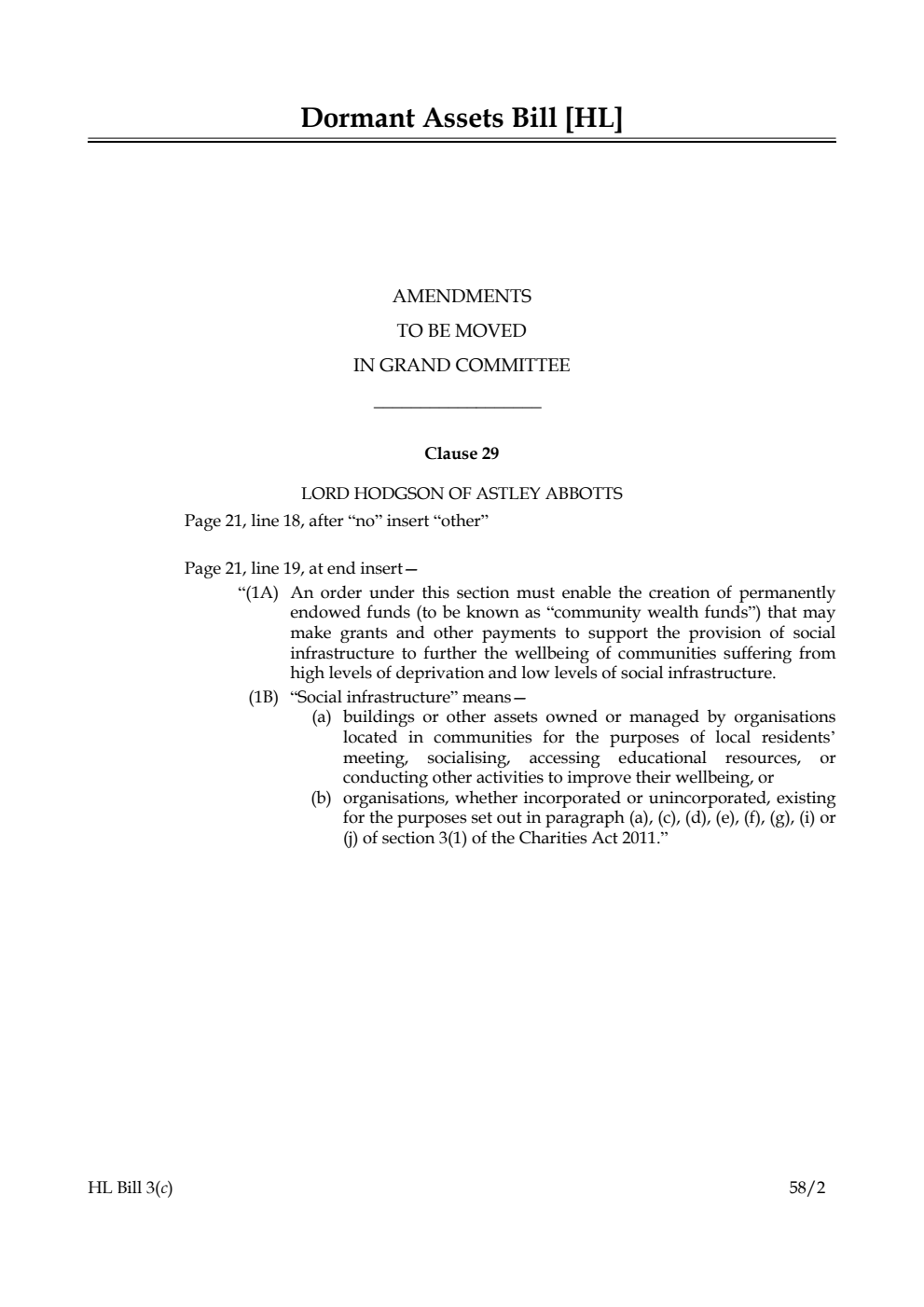 Dormant Assets Bill Amendments to be moved in Grand Committee