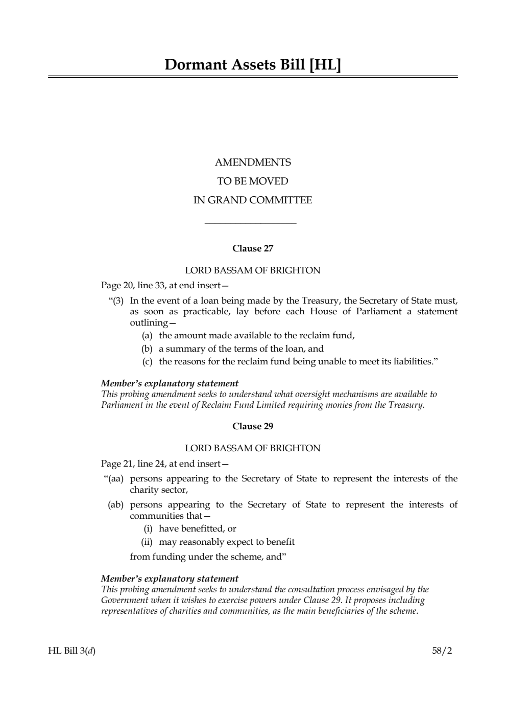 Dormant Assets Bill Amendments to be moved in Grand Committee