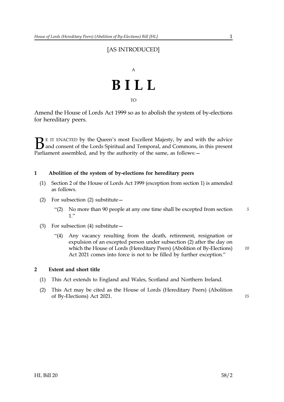 House of Lords (Hereditary Peers) (Abolition of By-Elections) Bill