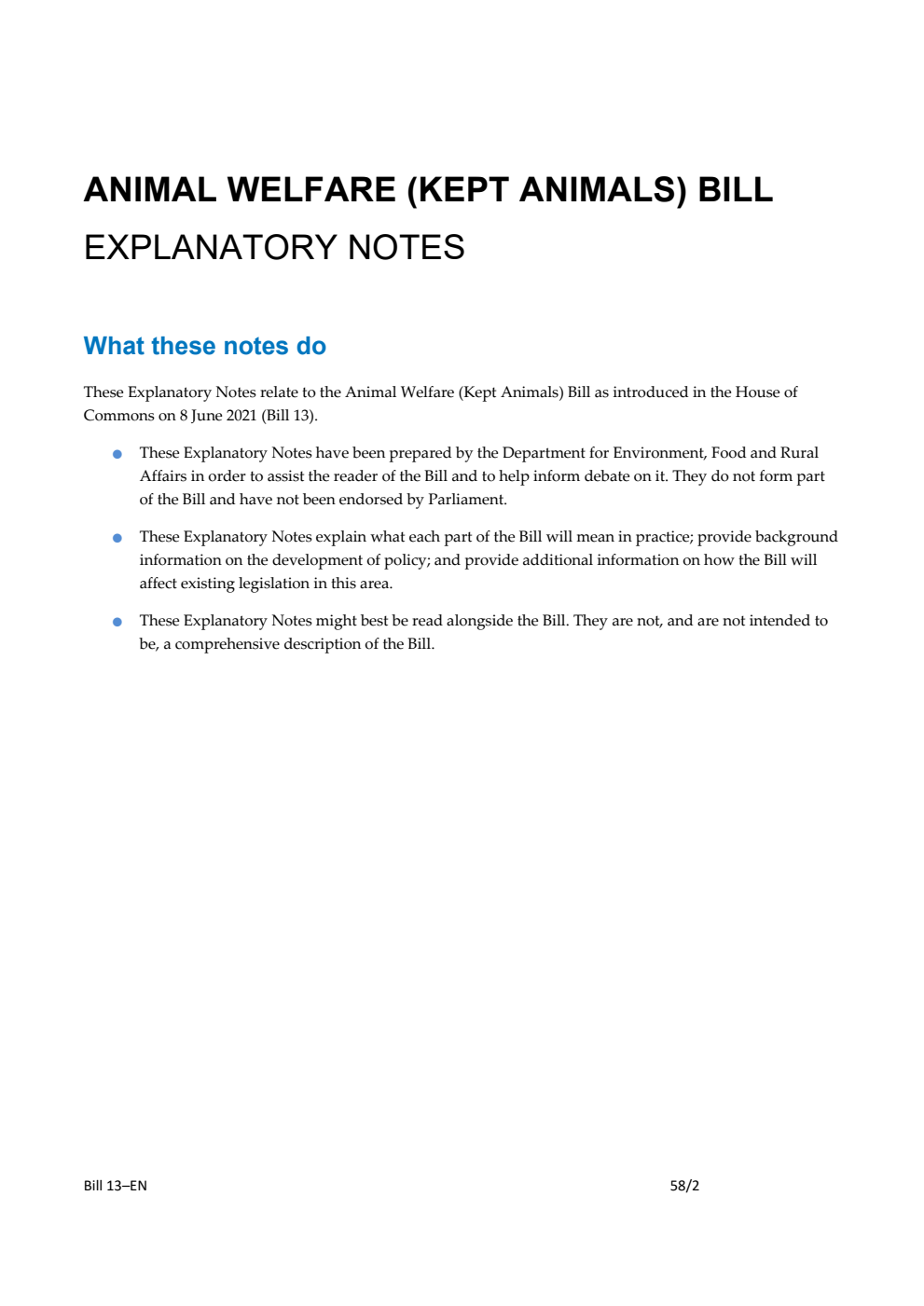 Animal Welfare (Kept Animals) Bill Explanatory Notes