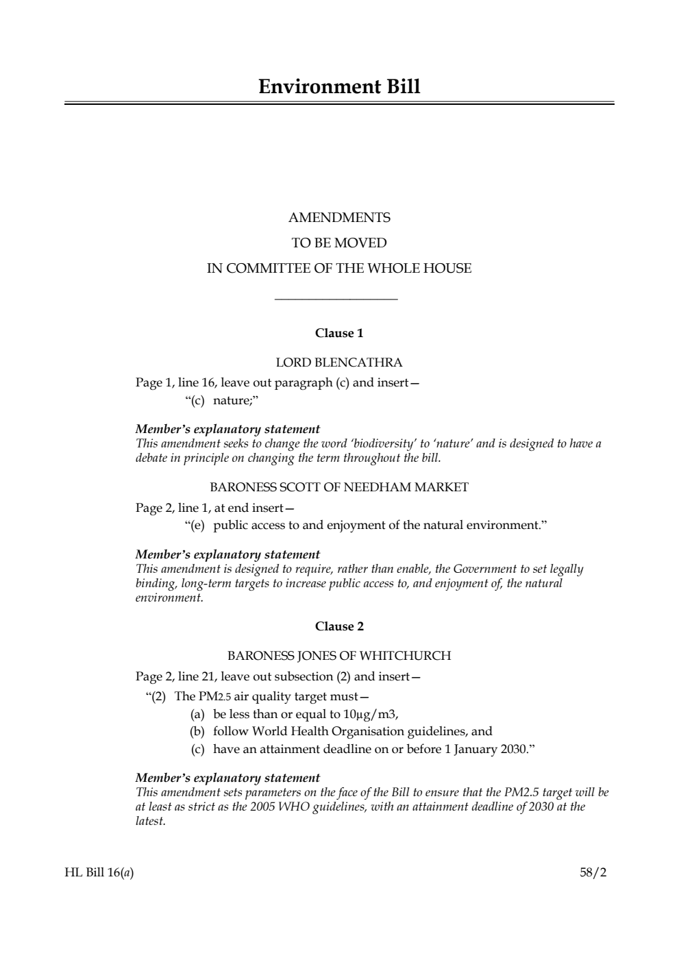 Environment Bill Amendments to be moved in Committee of the Whole House