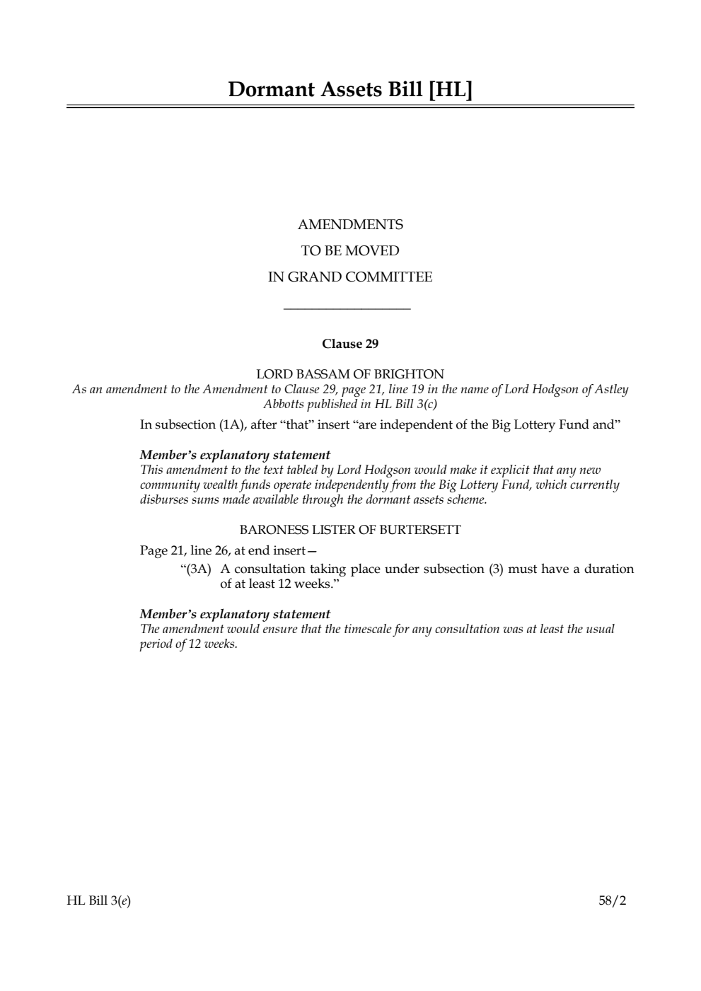 Dormant Assets Bill Amendments to be moved in Grand Committee