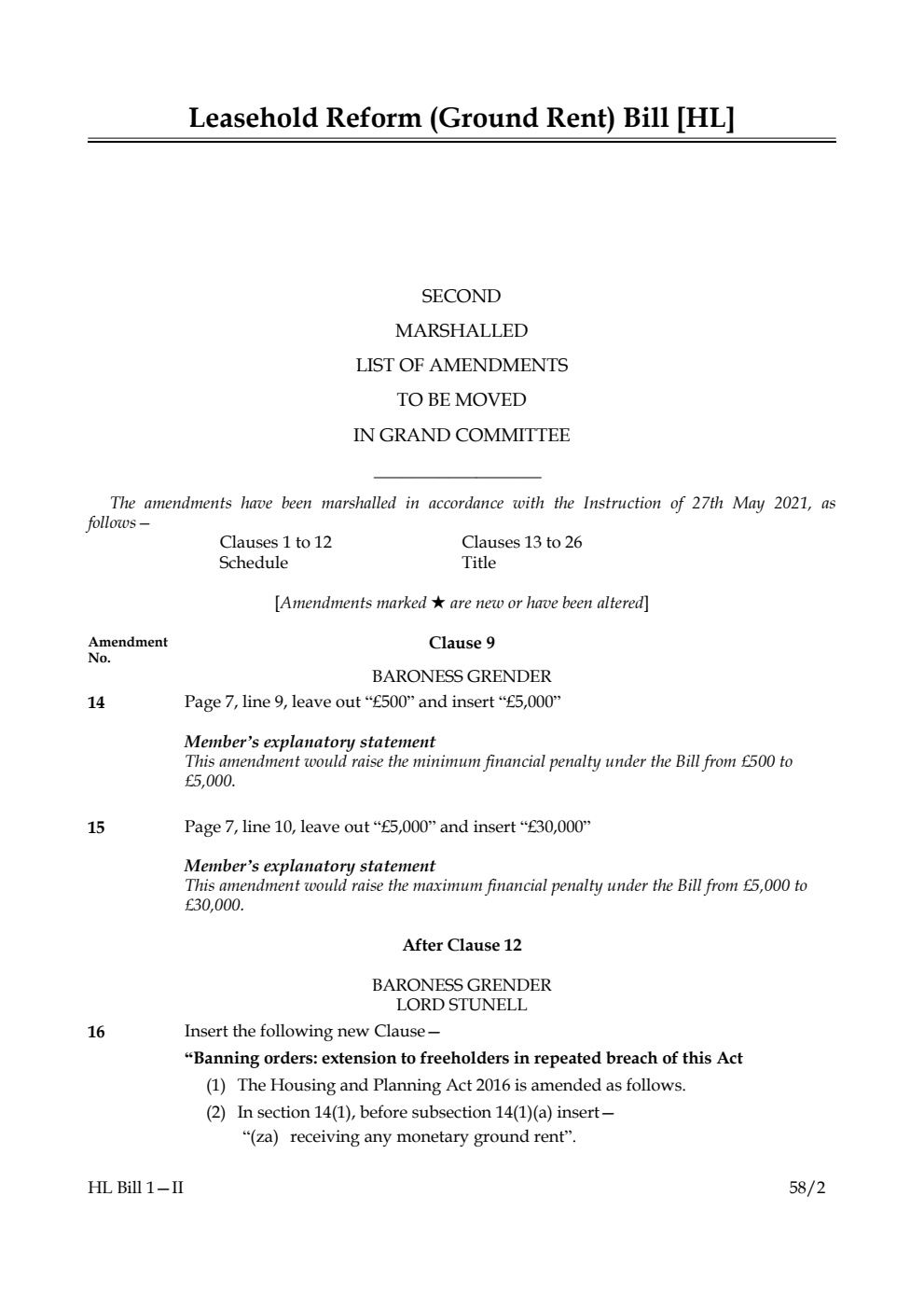 Leasehold Reform (Ground Rent) Bill Second Marshalled List of amendments to be moved in Grand Committee
