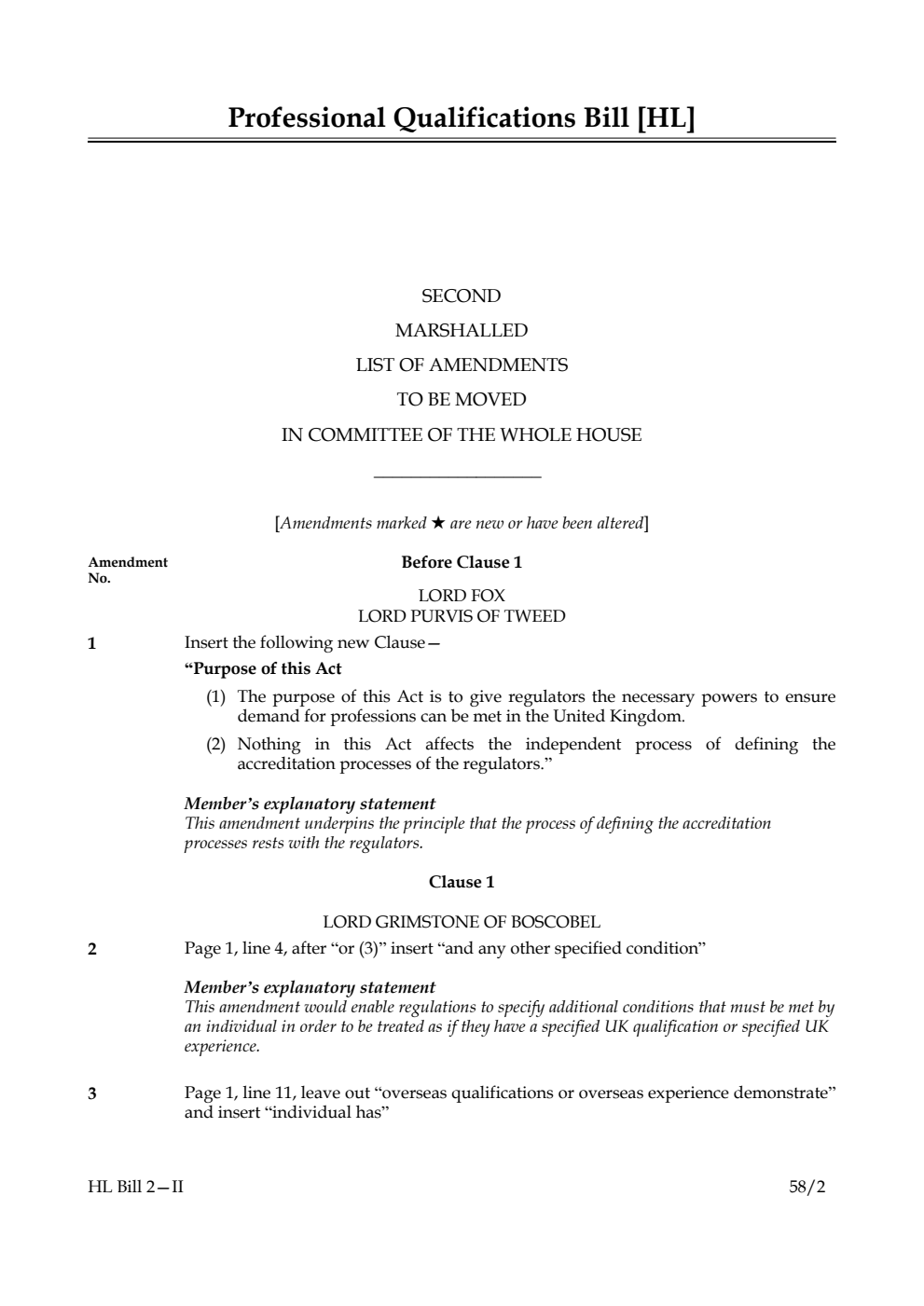 Professional Qualifications Bill Second Marshalled List of Amendments to be moved in Committee of the Whole House