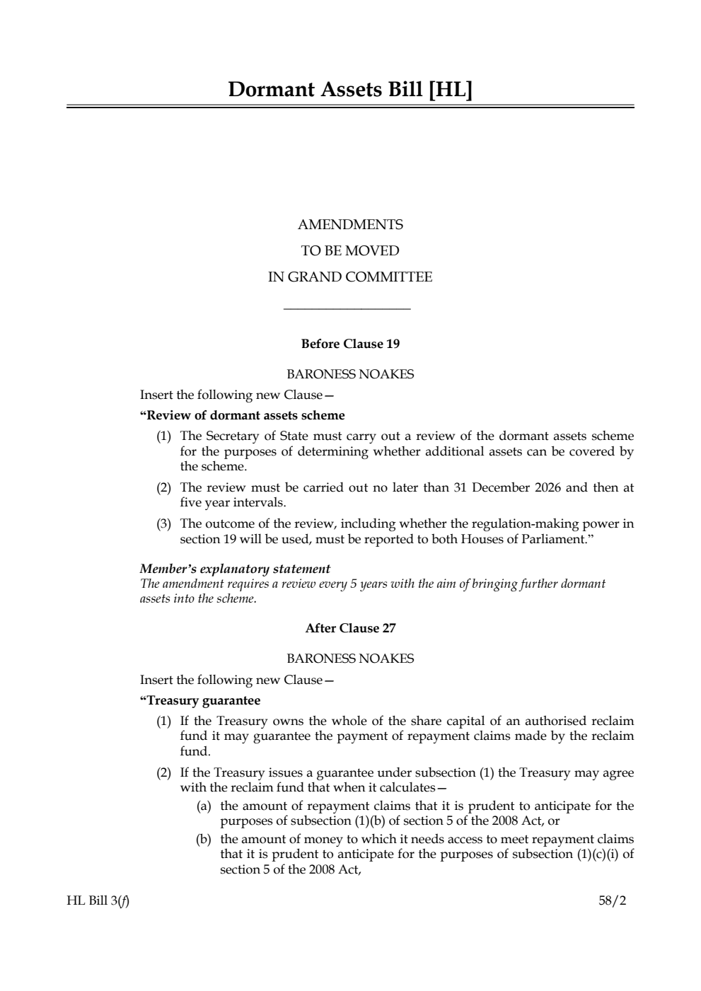 Dormant Assets Bill Amendments to be moved in Grand Committee