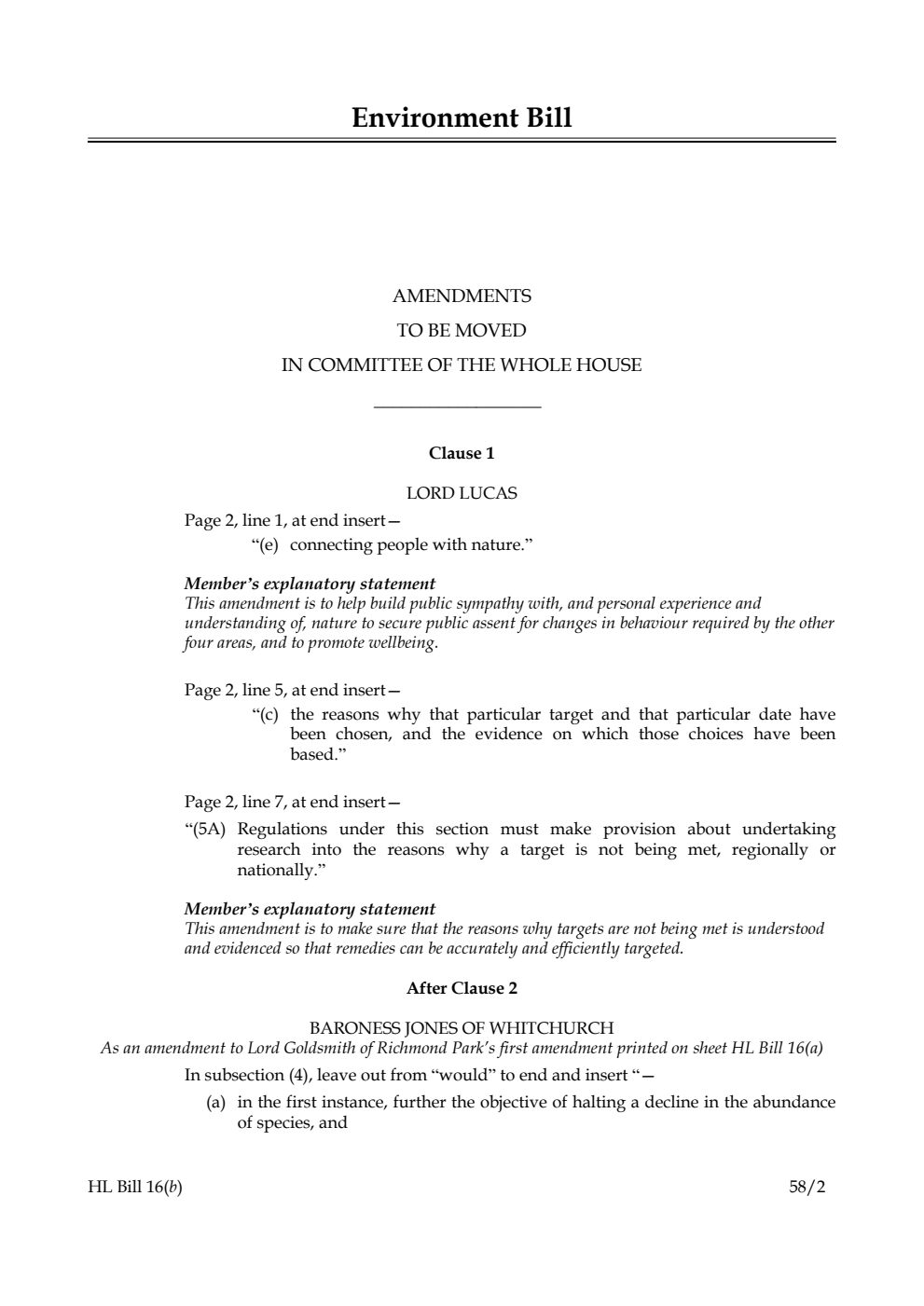 Environment Bill Amendments to be moved in Committee of the Whole House