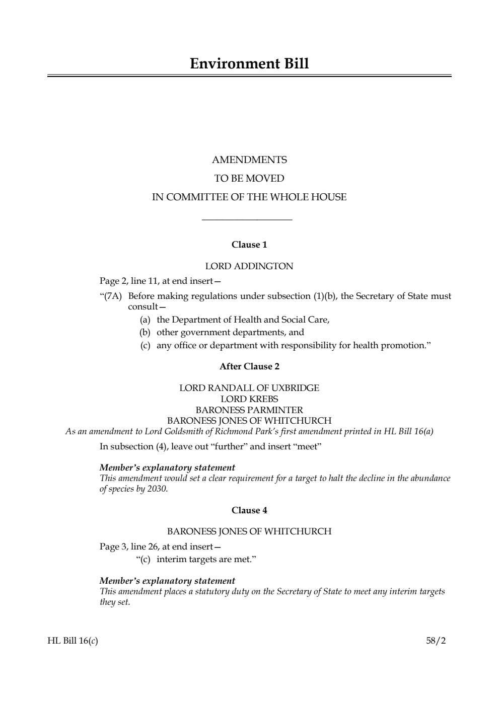 Environment Bill Amendments to be moved in Committee of the Whole House