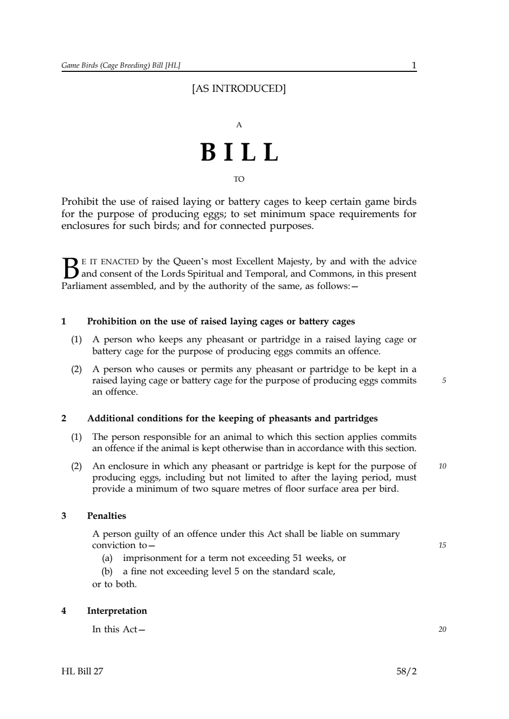 Game Birds (Cage Breeding) Bill
