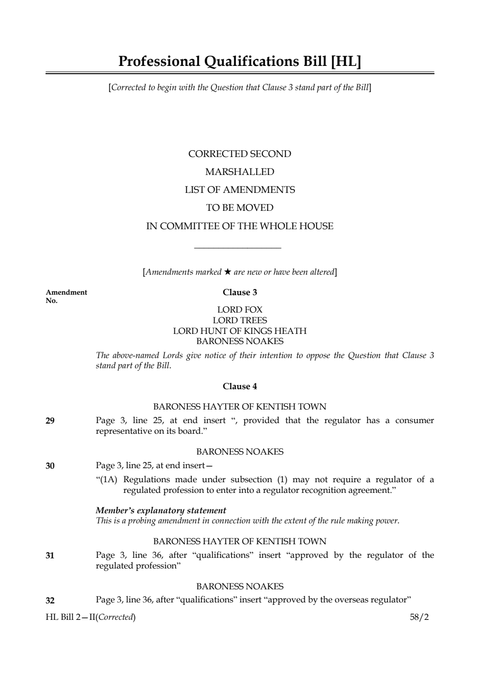 Professional Qualifications Bill Corrected Second Marshalled List of Amendments to be moved in Committee of the Whole House
