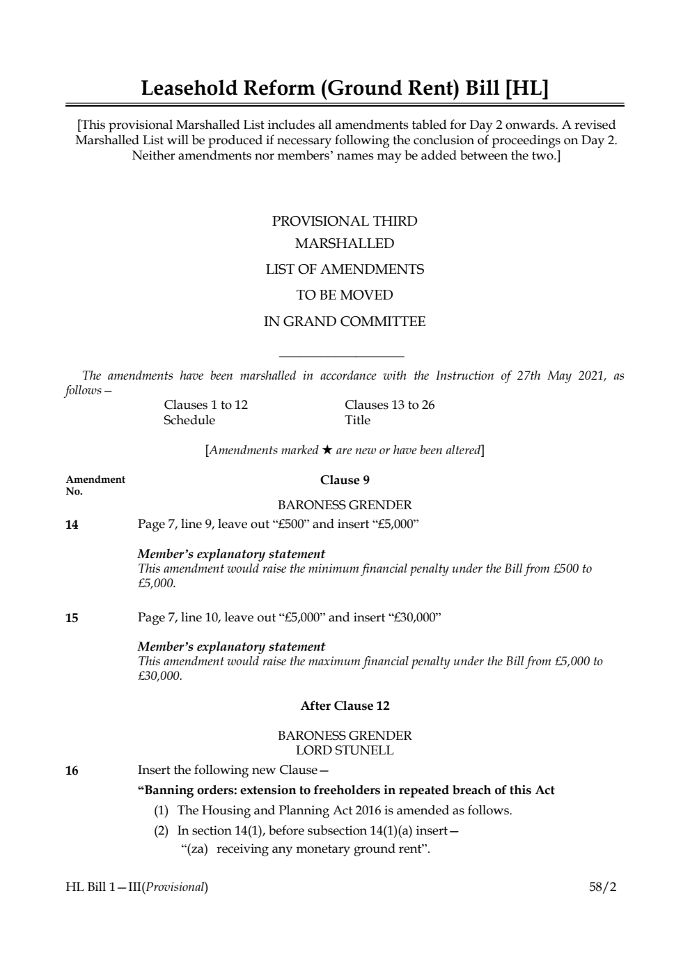 Leasehold Reform (Ground Rent) Bill Provisional Third Marshalled List of amendments to be moved in Grand Committee