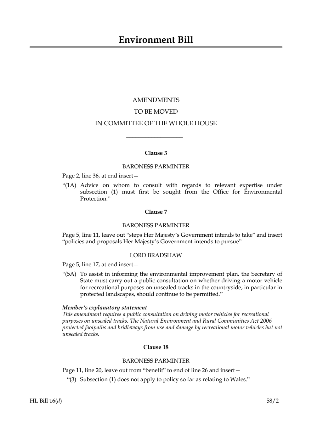 Environment Bill Amendments to be moved in Committee of the Whole House