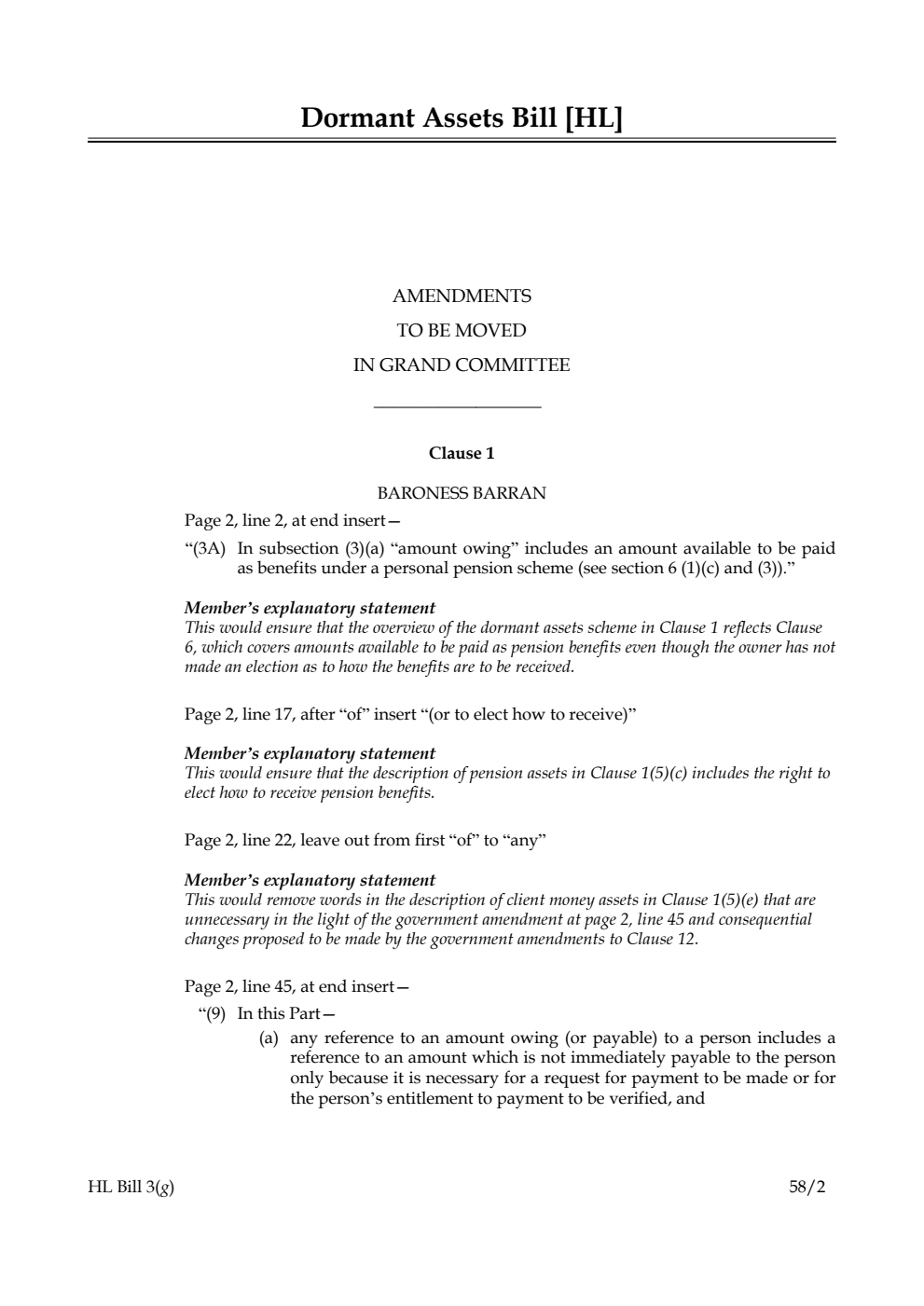 Dormant Assets Bill Amendments to be moved in Grand Committee