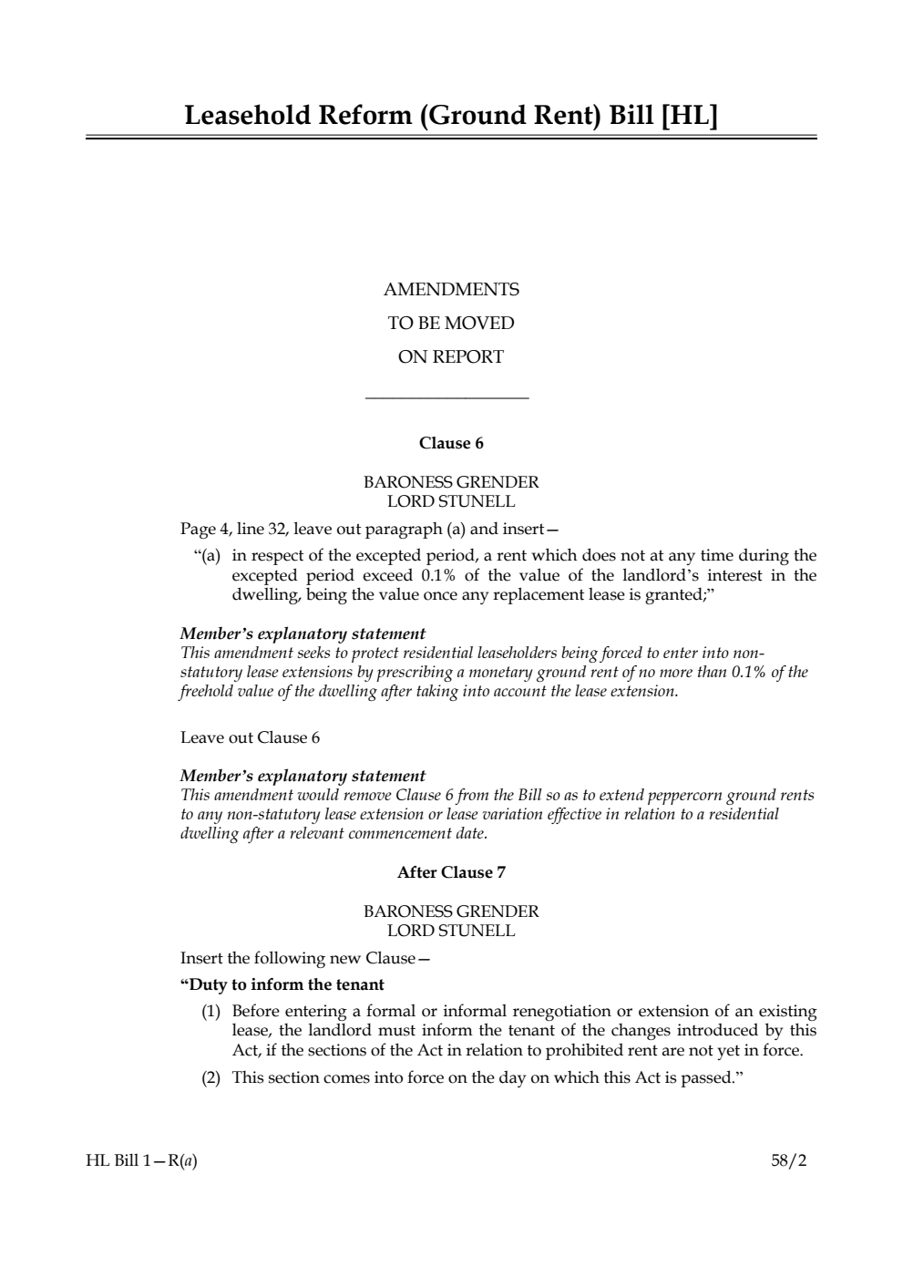 Leasehold Reform (Ground Rent) Bill Amendments to be moved on Report