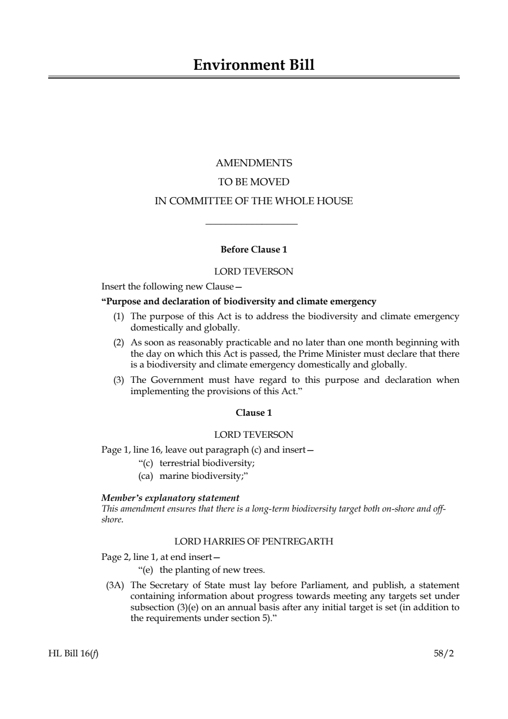 Environment Bill Amendments to be moved in Committee of the Whole House