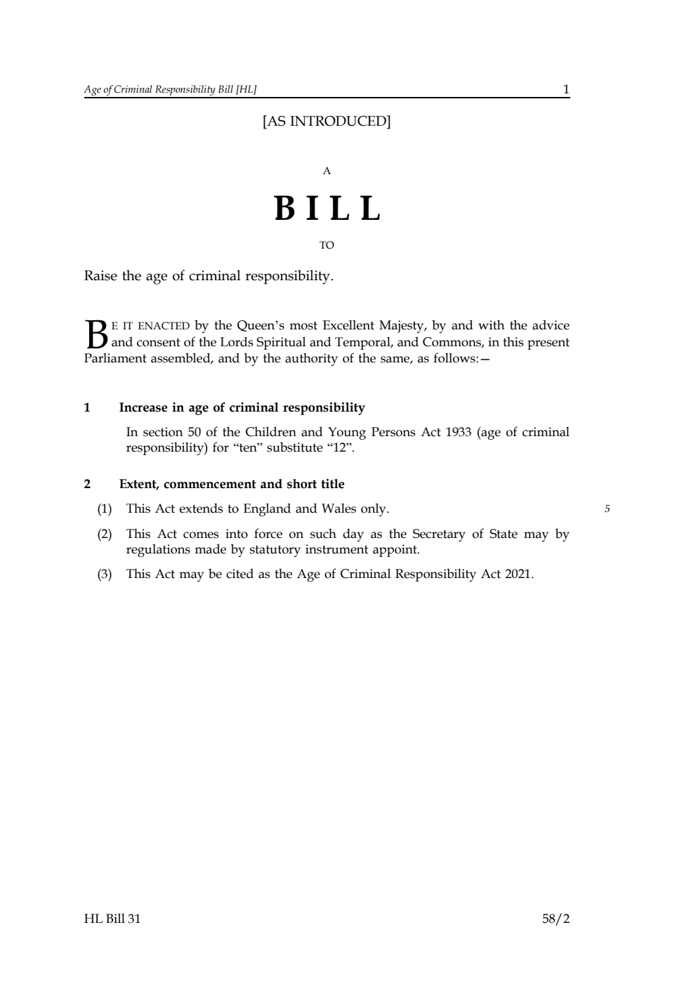 Age of Criminal Responsibility Bill