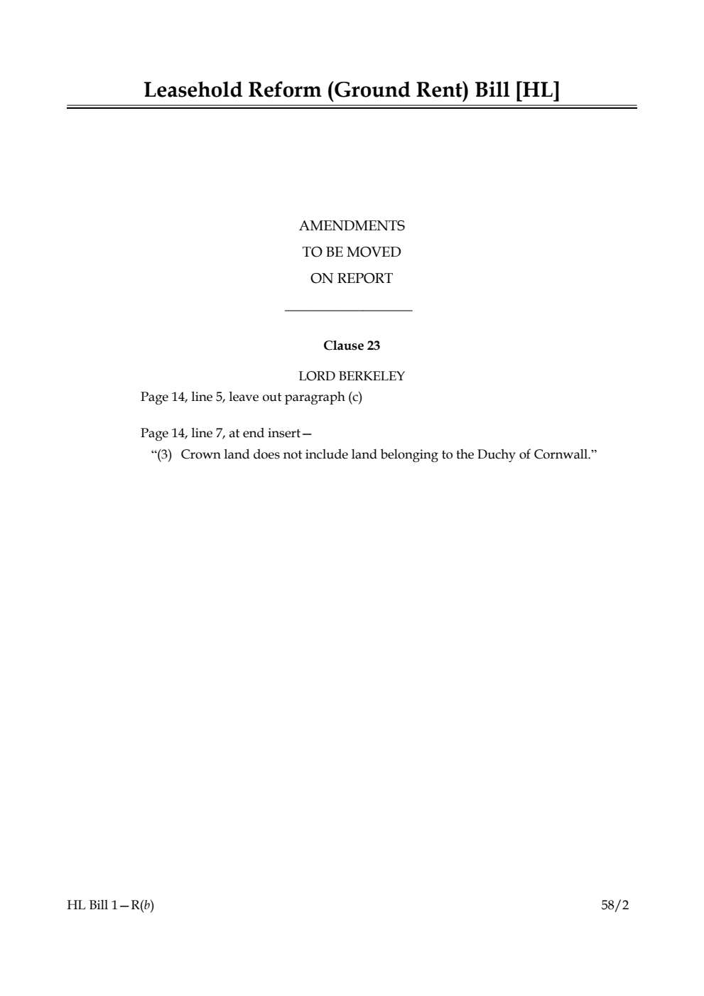 Leasehold Reform (Ground Rent) Bill Amendments to be moved on Report