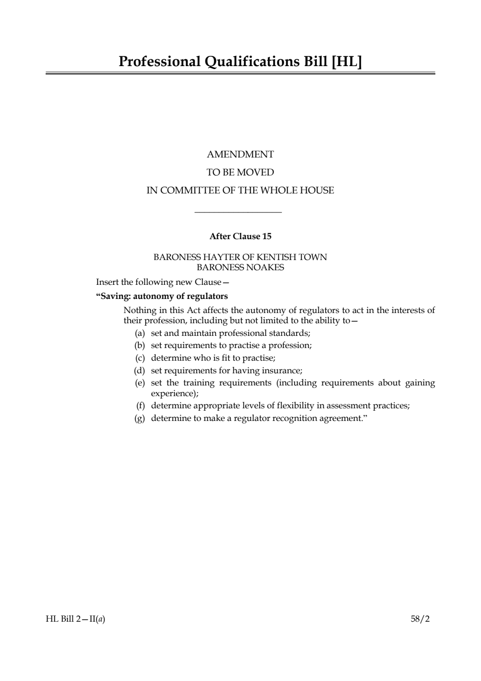 Professional Qualifications Bill Amendment to be moved in Committee of the Whole House