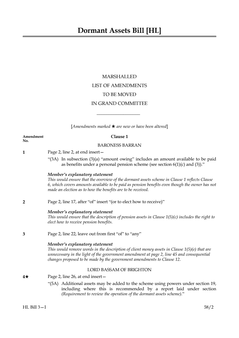 Dormant Assets Bill Marshalled List of Amendments to be moved in Grand Committee