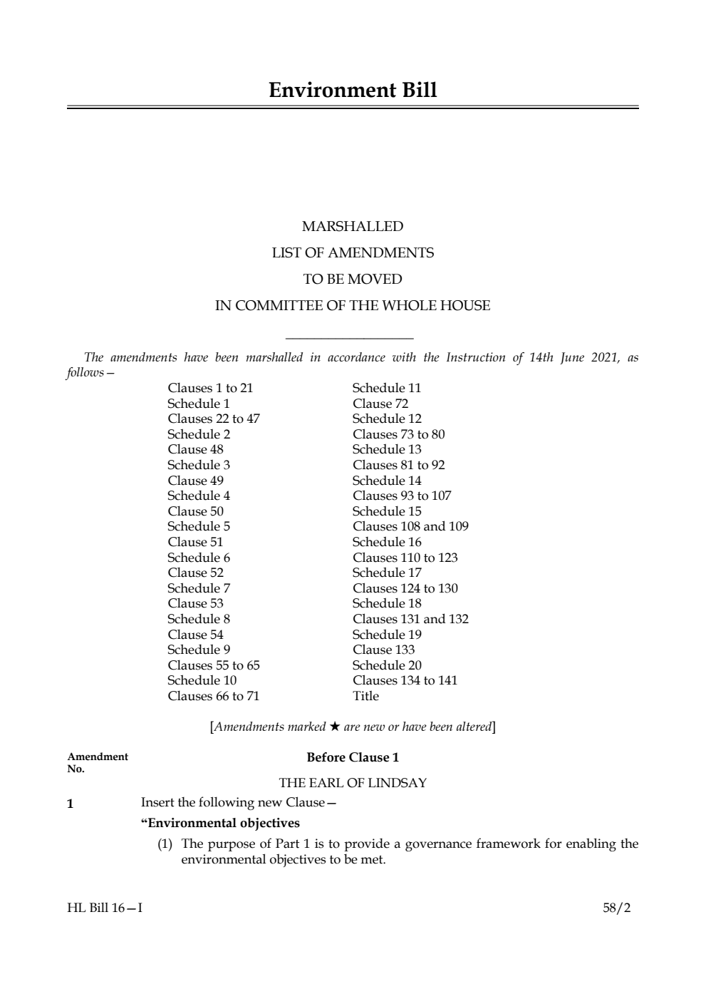 Environment Bill Marshalled List of Amendments to be moved in Committee of the Whole House