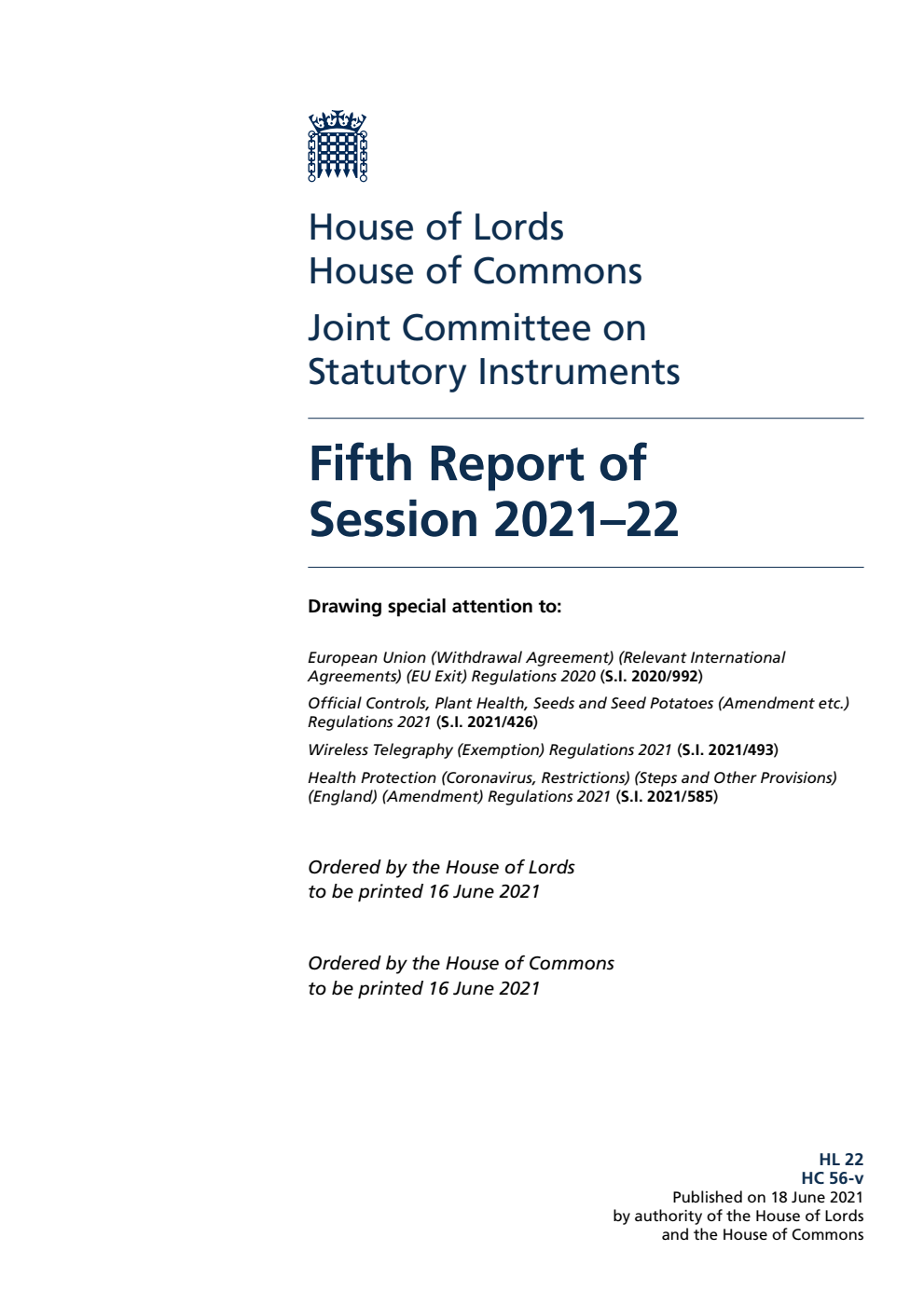 Joint Committee on Statutory Instruments 5th Report of Session 2021-22