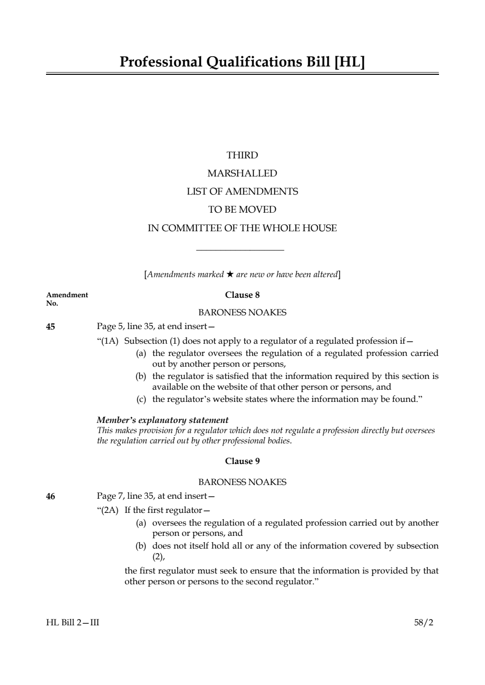 Professional Qualifications Bill Third Marshalled List of Amendments to be moved in Committee of the Whole House