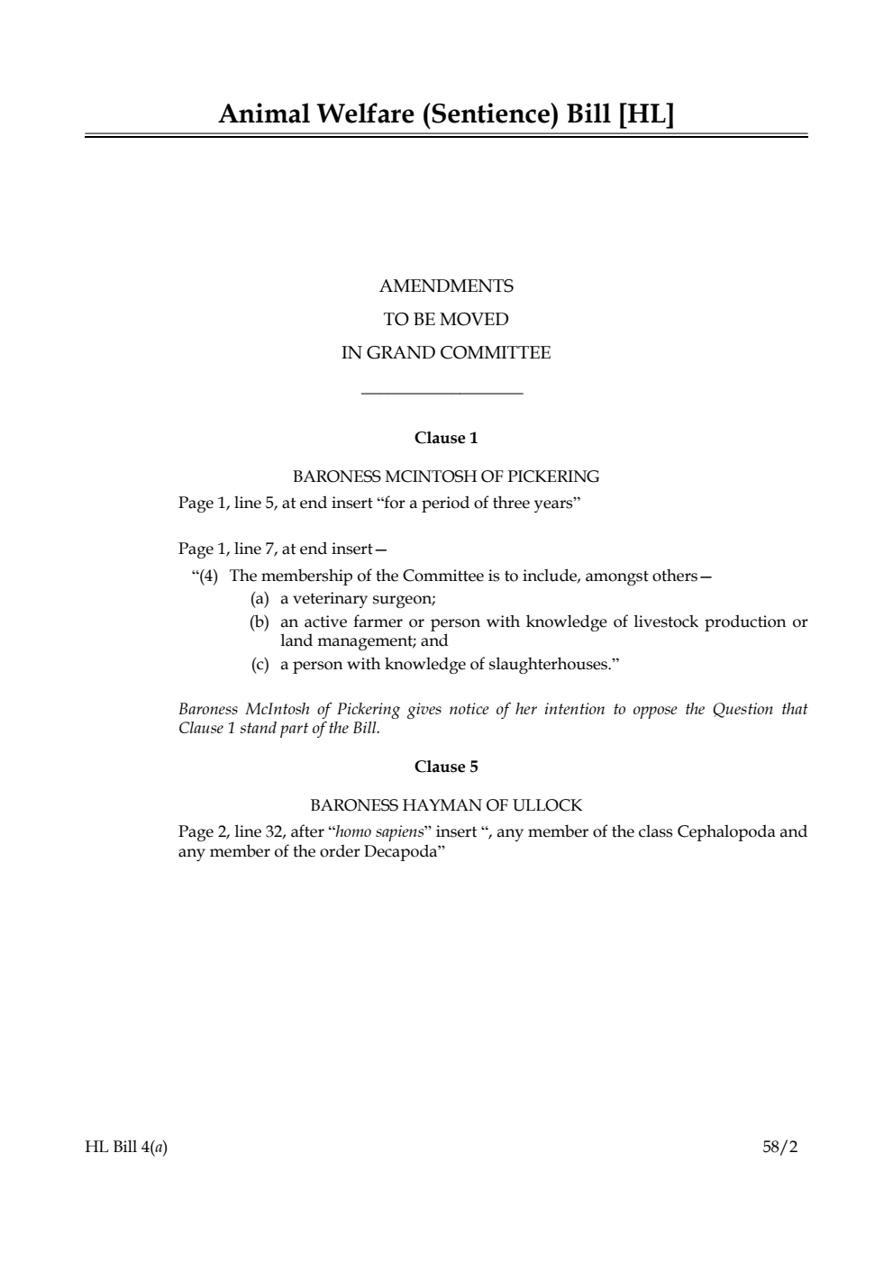 Animal Welfare (Sentience) Bill Amendments to be moved in Grand Committee