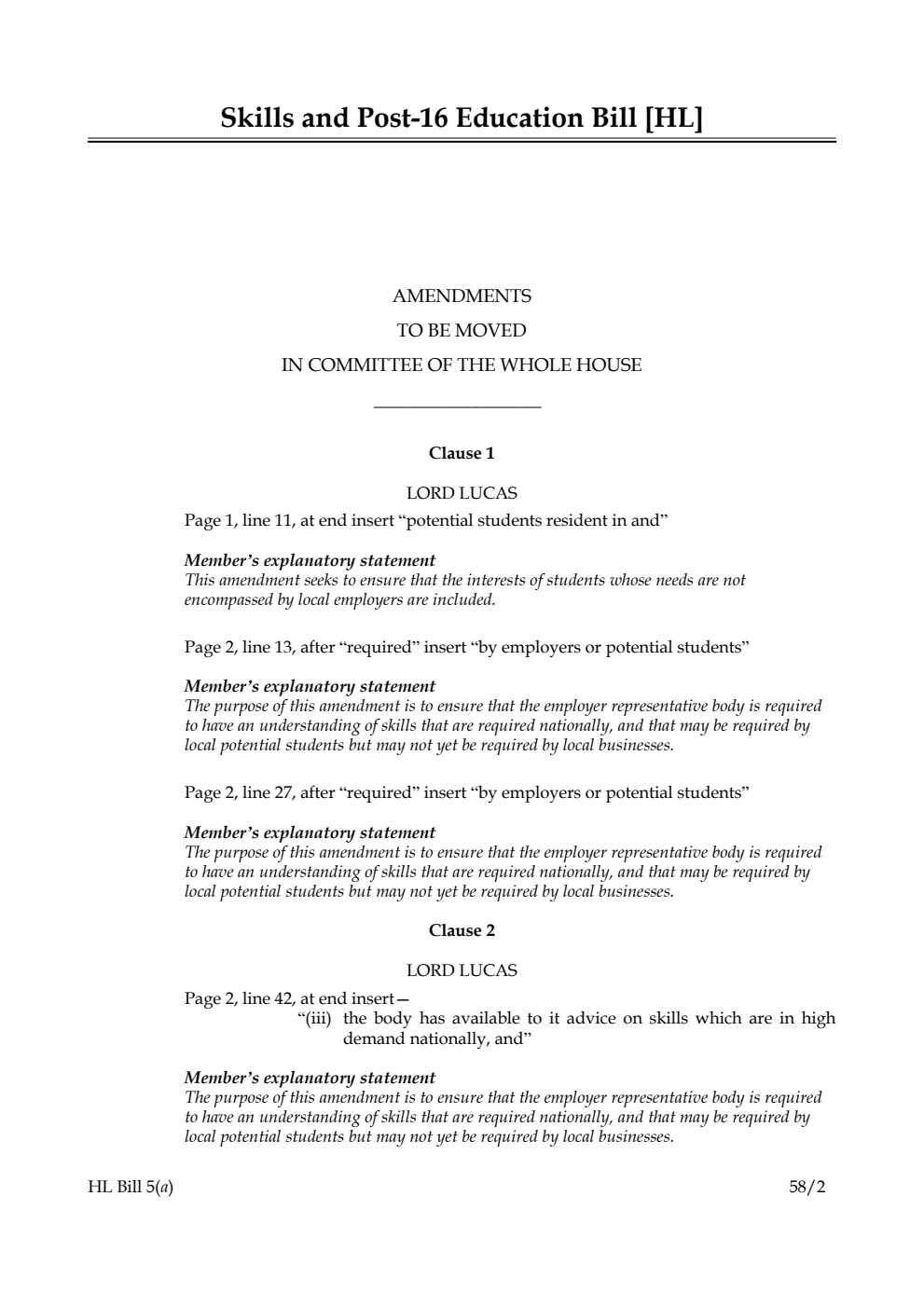 Skills and Post-16 Education Bill Amendments to be moved in Committee of the Whole House