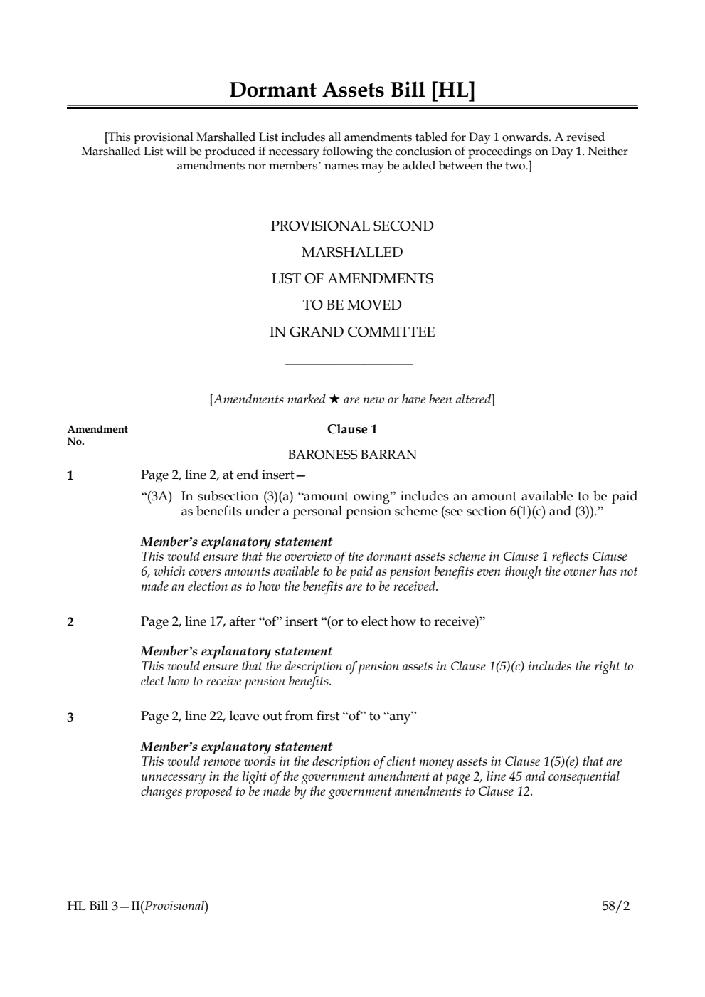 Dormant Assets Bill Provisional Second Marshalled List of amendments to be moved in Grand Committee