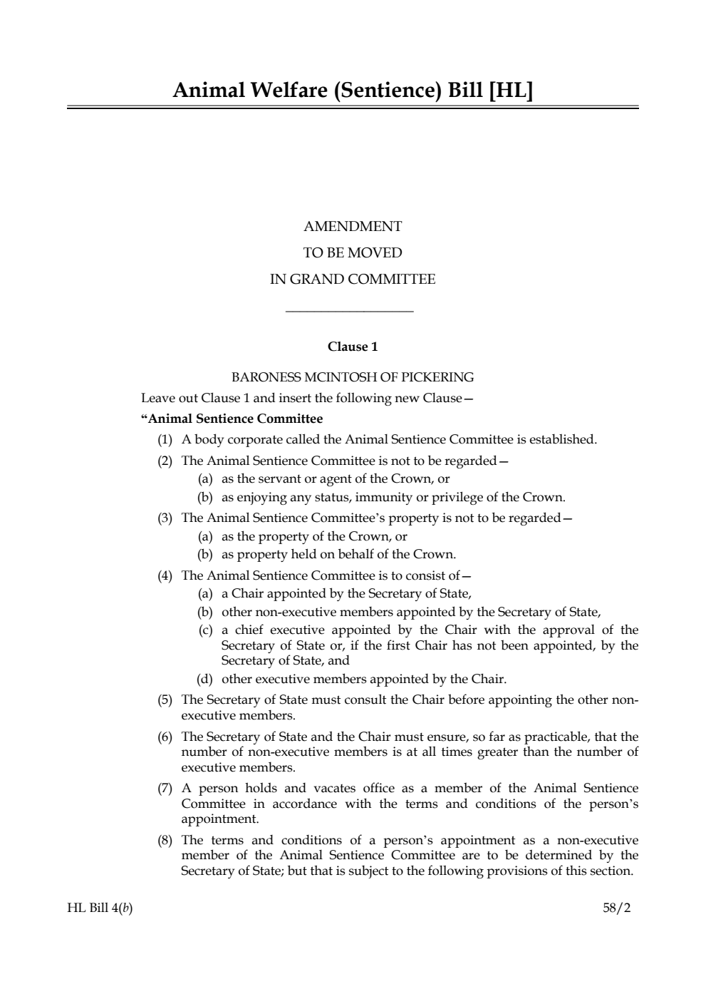 Animal Welfare (Sentience) Bill Amendment to be moved in Grand Committee