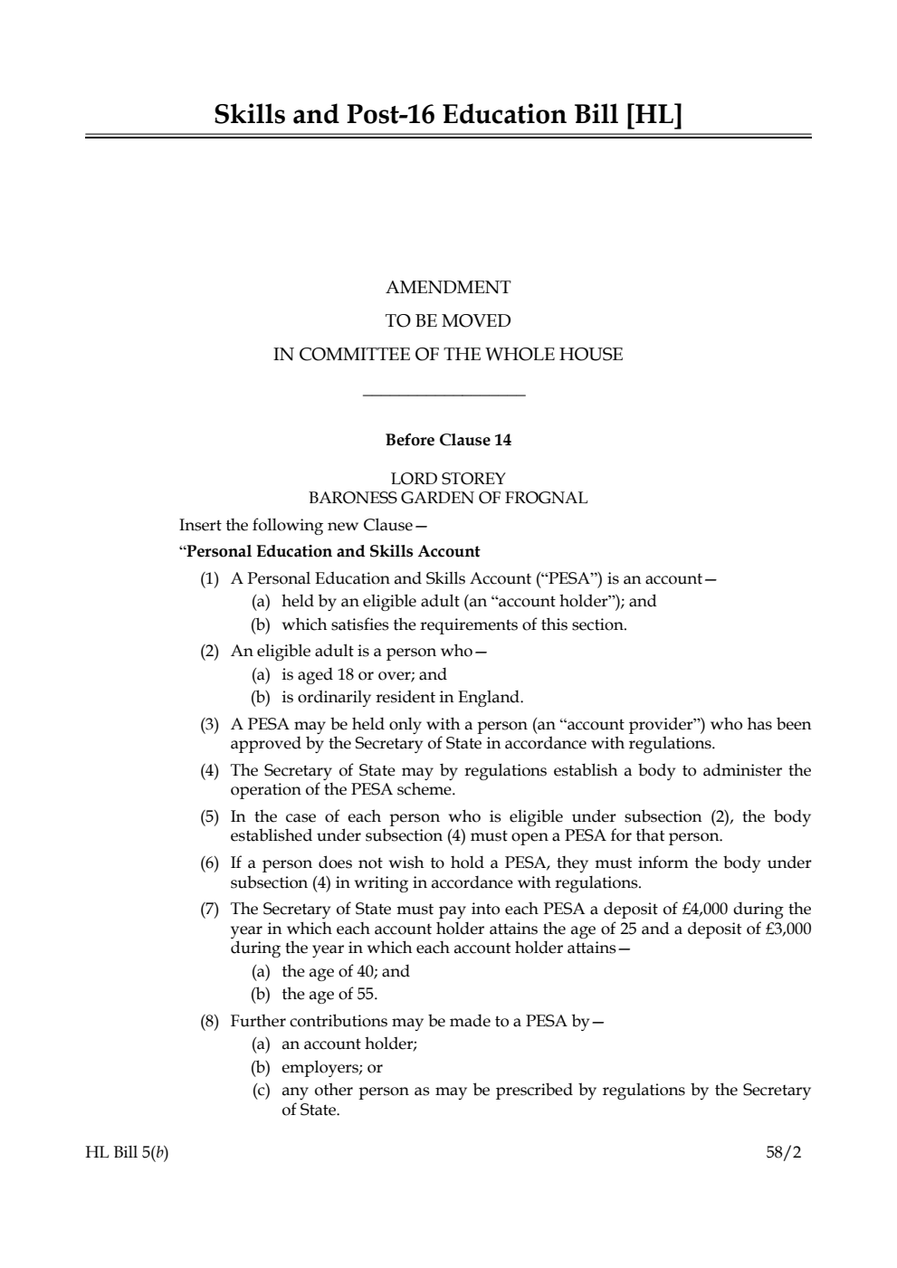 Skills and Post-16 Education Bill Amendment to be moved in Committee of the Whole House