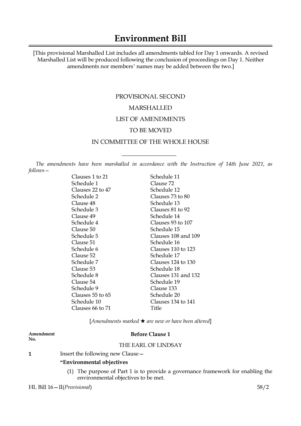 Environment Bill Provisional Second Marshalled List of Amendments to be moved in Committee of the Whole House