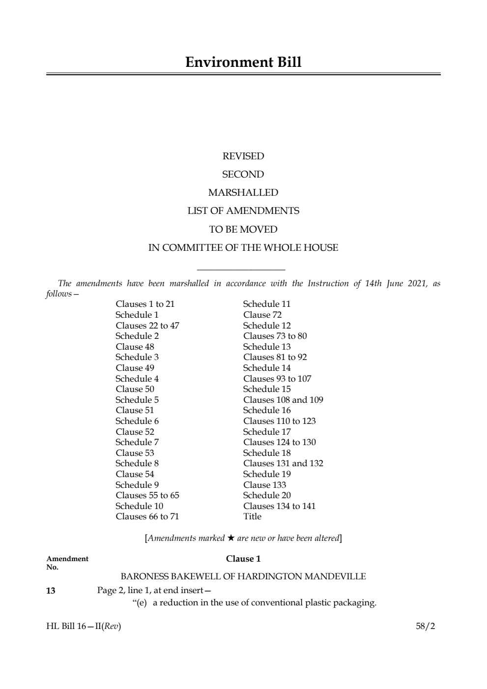 Environment Bill Revised Second Marshalled List of Amendments to be moved in Committee of the Whole House