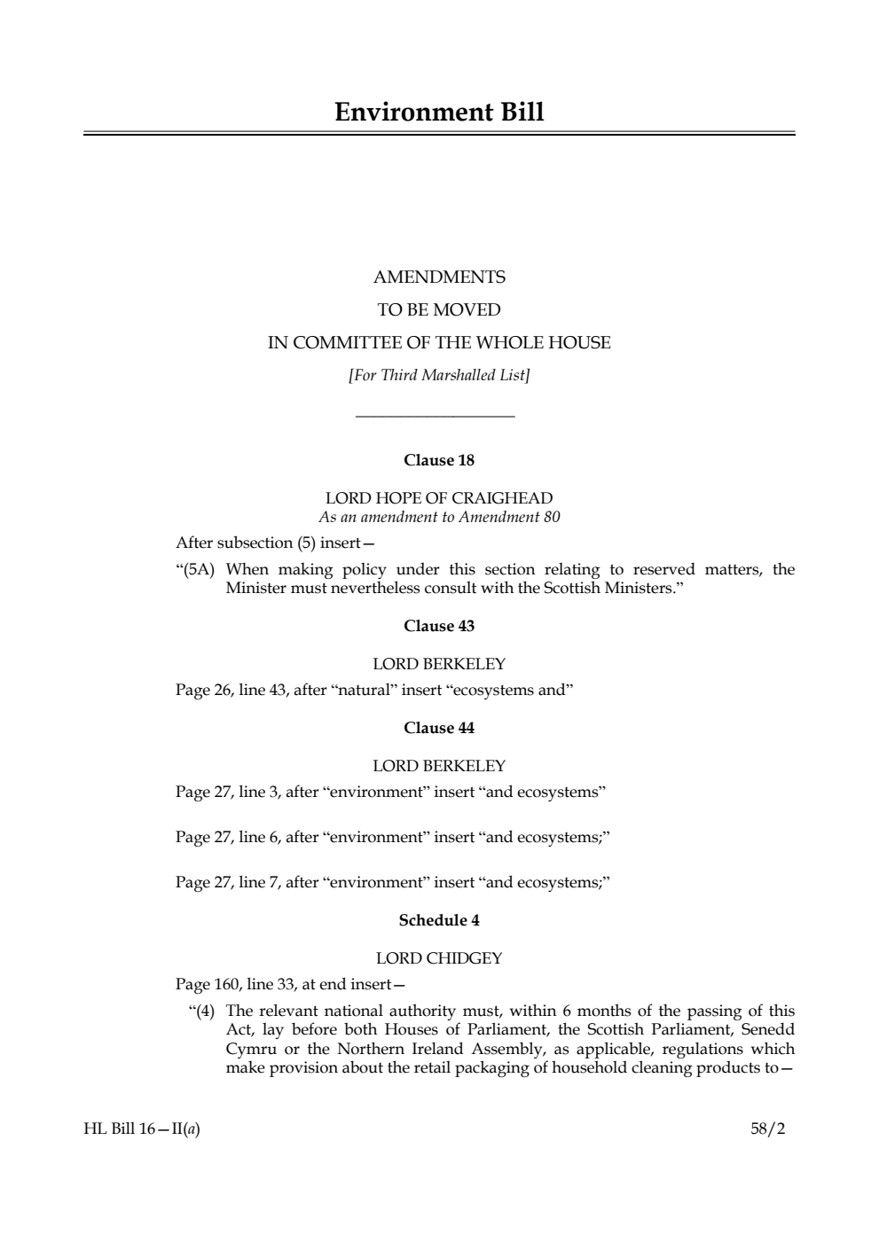 Environment Bill Amendments to be moved in Committee of the Whole House