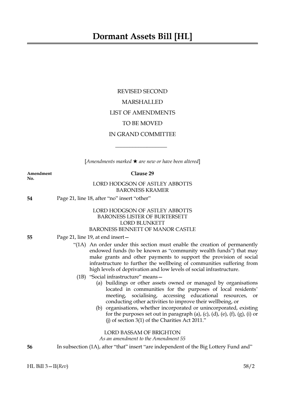 Dormant Assets Bill Revised Second Marshalled List of amendments to be moved in Grand Committee