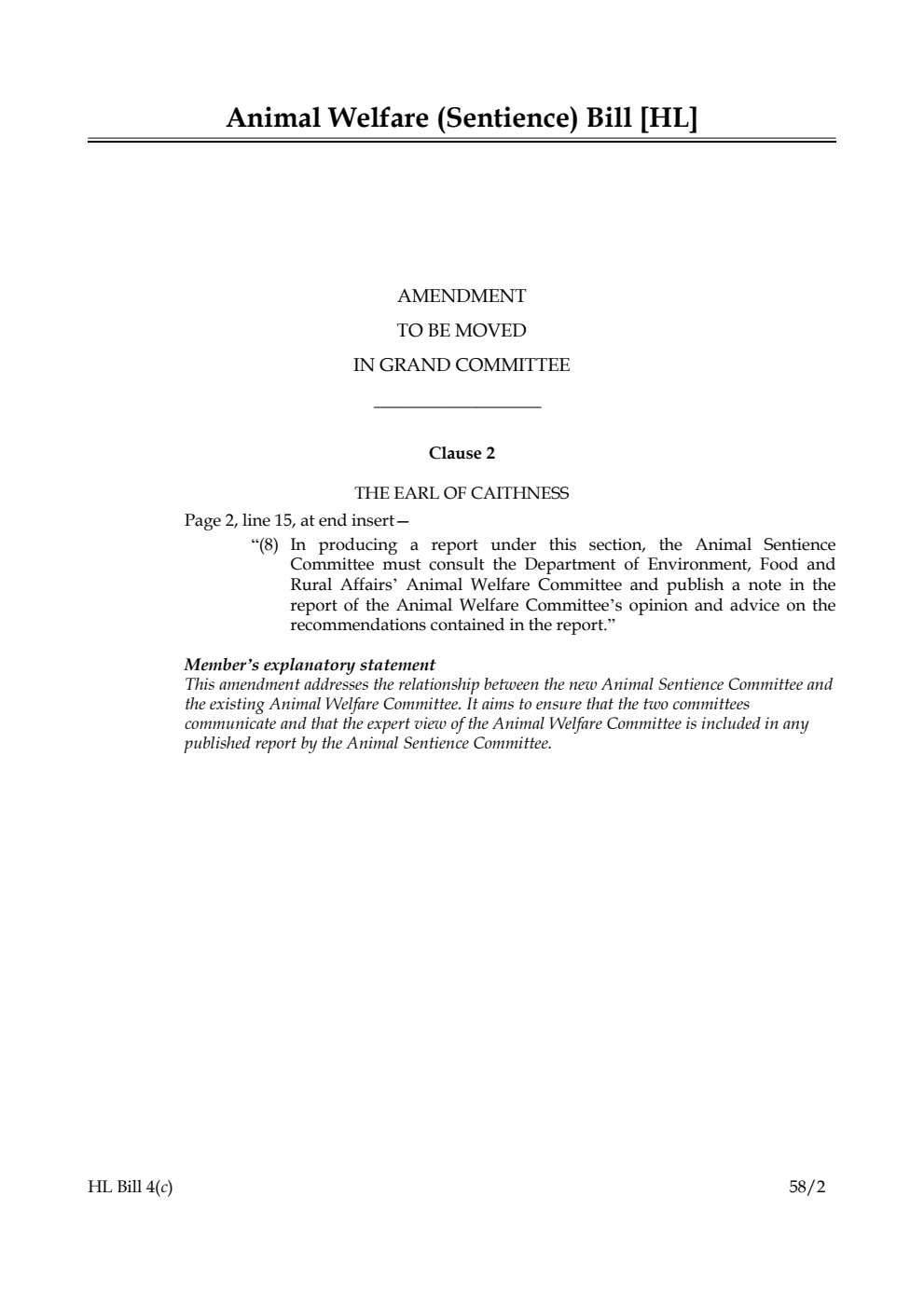 Animal Welfare (Sentience) Bill Amendment to be moved in Grand Committee