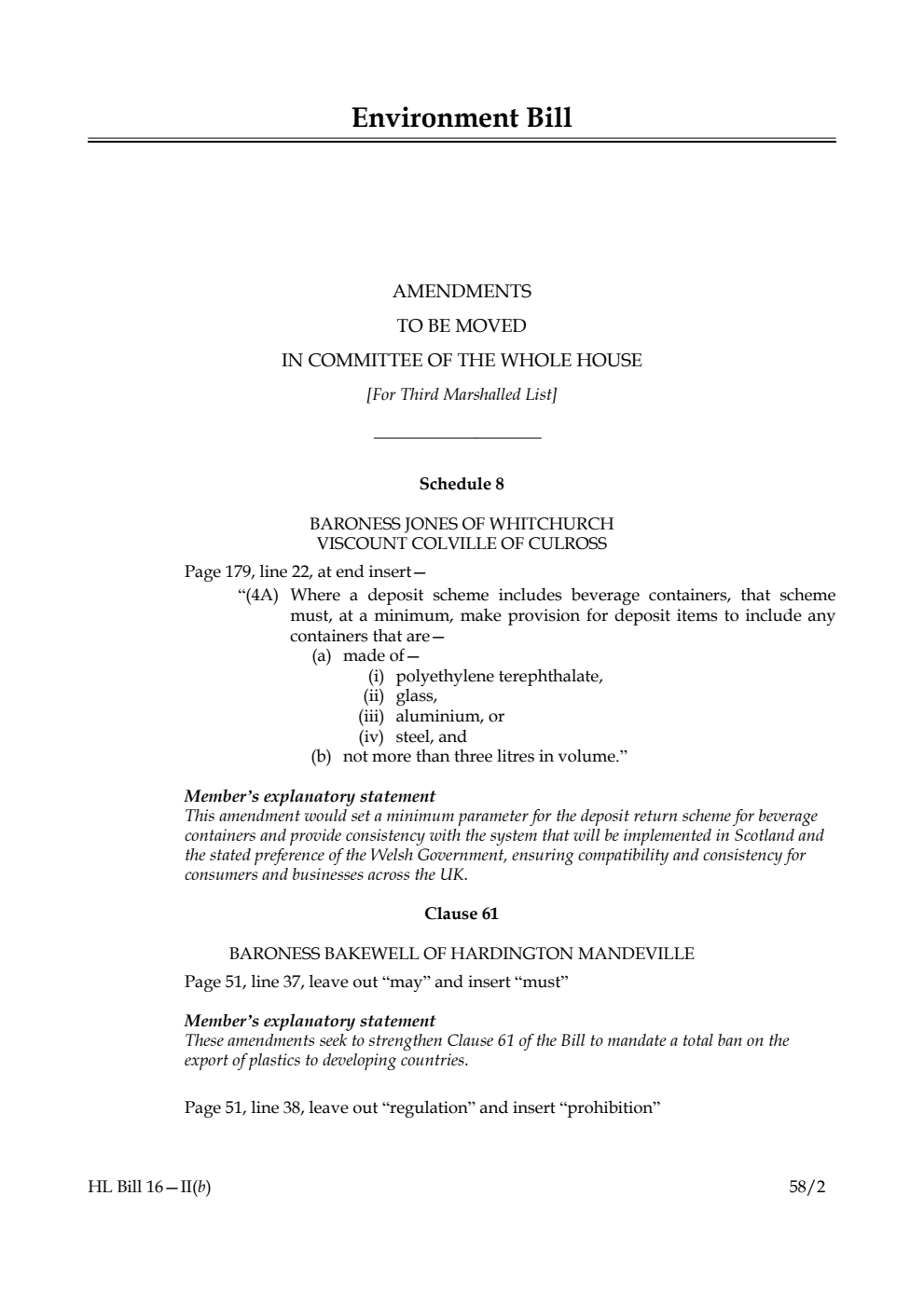 Environment Bill Amendments to be moved in Committee of the Whole House
