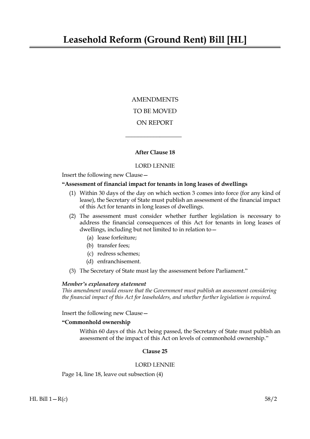 Leasehold Reform (Ground Rent) Bill Amendments to be moved on Report
