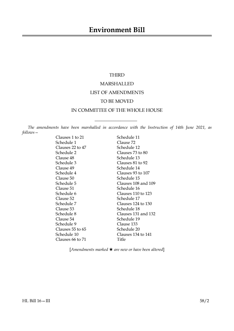 Environment Bill Third Marshalled List of Amendments to be moved in Committee of the Whole House